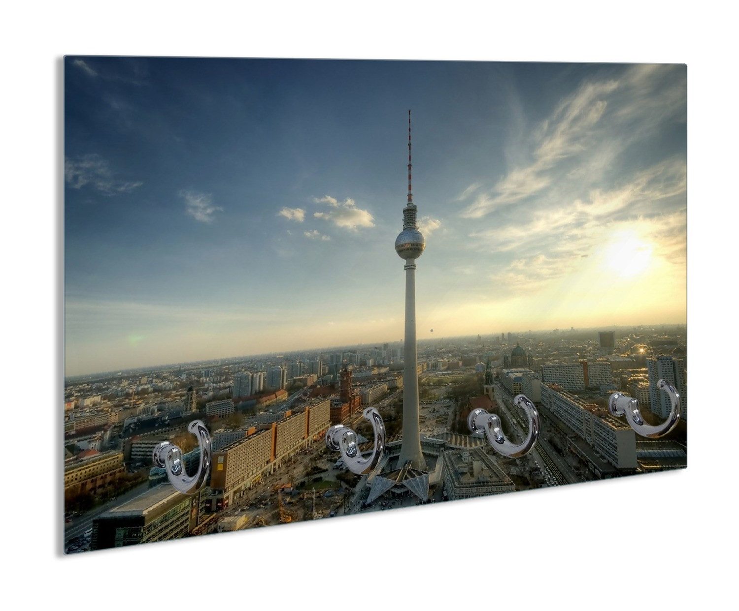 Wallario Полотенцесушители Fernsehturm Berlin mit Panoramablick über die Stadt, aus Glas mit 4 Metallhaken