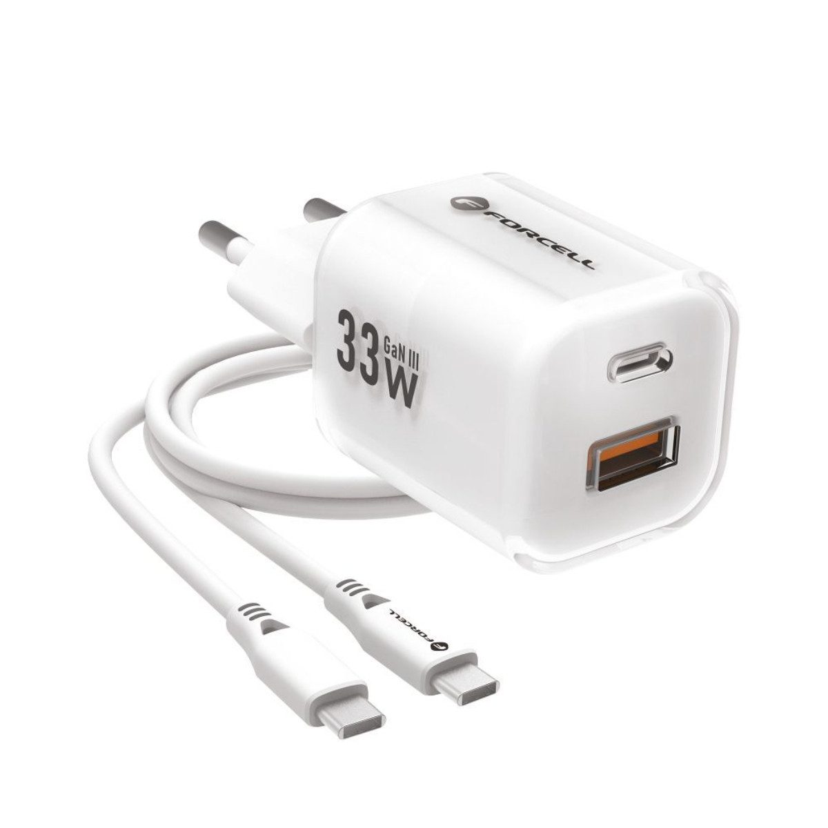 Forcell VT-41 USB-Ladegerät (3300 mA, Ladegerät + USB-C-Silikonkabel, Schnellladefunktion (PD + QC 4.0), GaN III-Technologie)