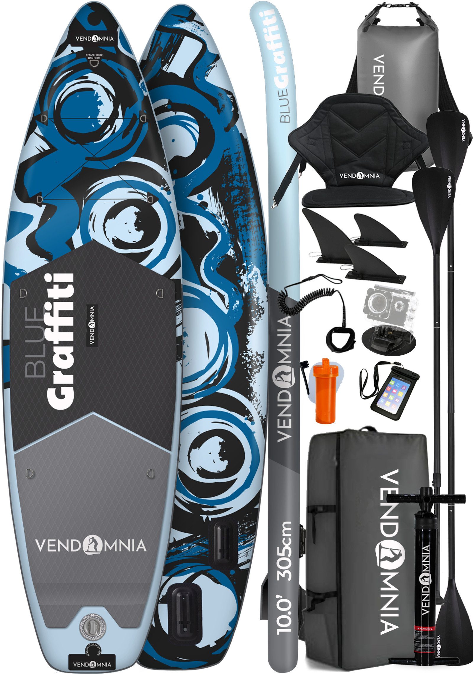 VENDOMNIA SUP-Board aufblasbar, 57 Modelle, Größe 305cm, Stand Up Paddle Board, (15 cm dick, 3 PVC Schichten, max 170 kg), Paddling board, Paddelboard, Surfboard, (Kajaksitz-Rucksack-Pumpe-Doppelpaddel-Cam Holder-Beinleine-Handytasche), Paddel (verstellbar) Max. Länge: 230 cm