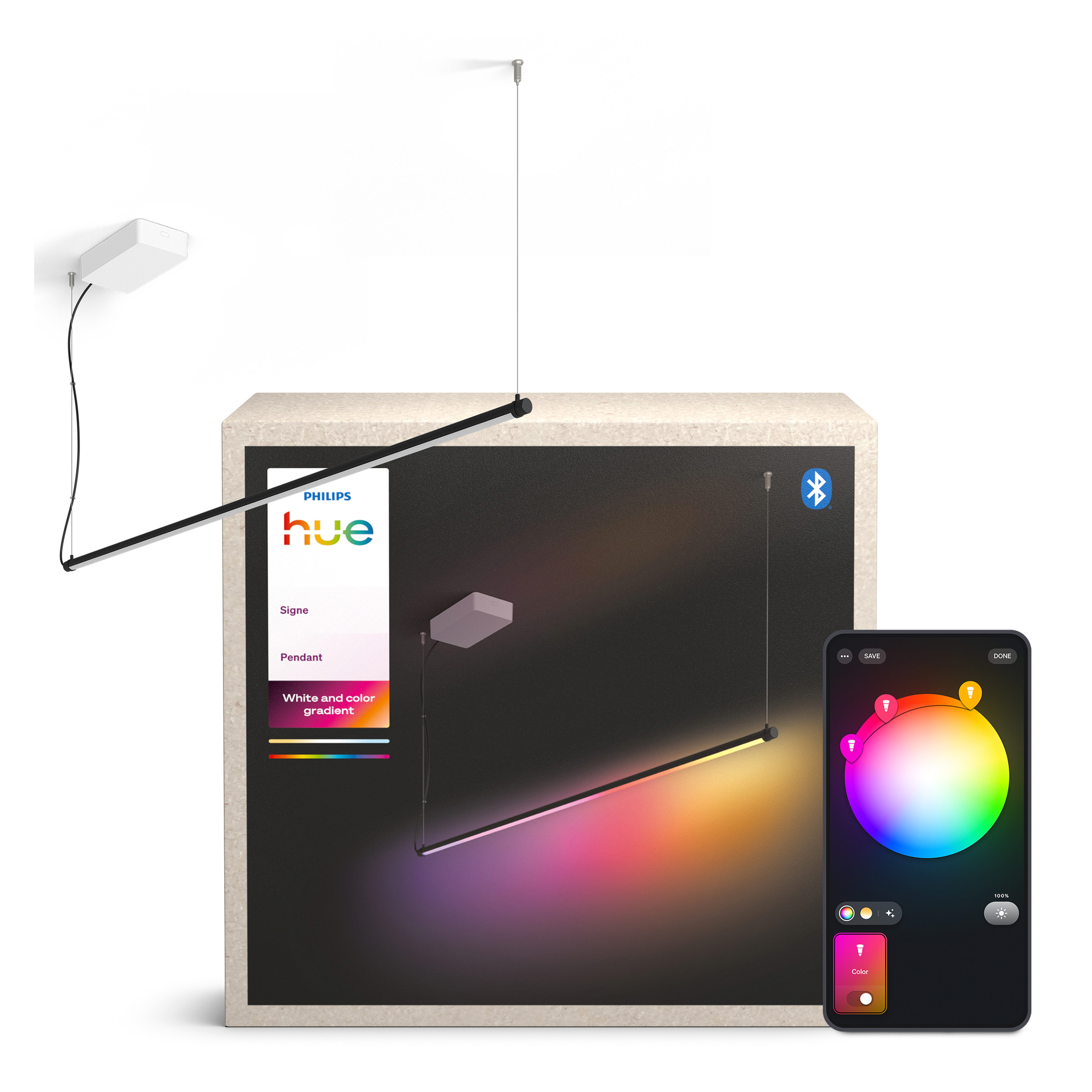 Philips Hue LED Pendelleuchte Gradient Signe Pendant White & Color Ambiance mit Farbverlauf schwarz, Bluetooth, CCT - über Fernbedienung, Dimmer, Dimmfunktion, Einschlafhilfe, Farbsteuerung, Farbwechsel, Memory, nach Trennung vom Netz, Memoryfunktion, RGB, Smart Home, Softlichtstart, Timerfunktion, Weckerfunktion, dimmbar über Fernbedienung, erweiterbar, mehrere Helligkeitsstufen, LED fest integriert, RGB, indirektes Licht, schlankes Design, steuerbar per App und Sprache