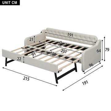 Flieks Daybett, Schlafsofa Tagesbett 90x200cm mit Ausziehbett und USB-Anschluss Leinen