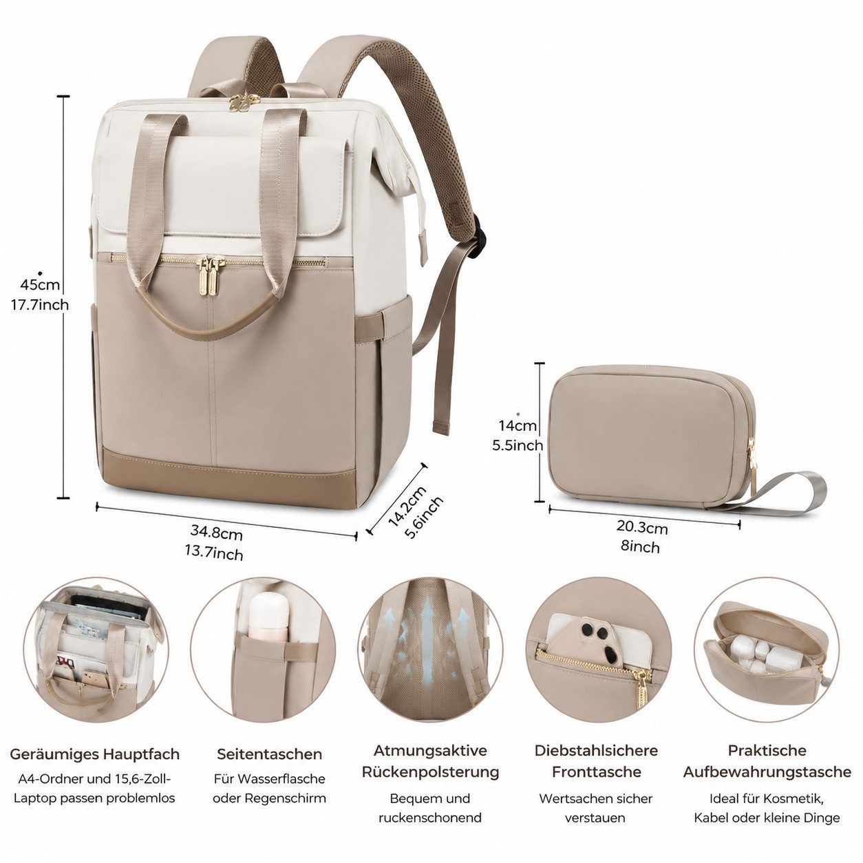 Fyrove Freizeitrucksack Damenrucksack mit Zusatztasche, Laptoprucksack, Cityrucksack, Rucksack (Reiserucksack für 15,6-Zoll-Laptop, Büro, Uni und Wochenendtrip) – Bild 3 von 5