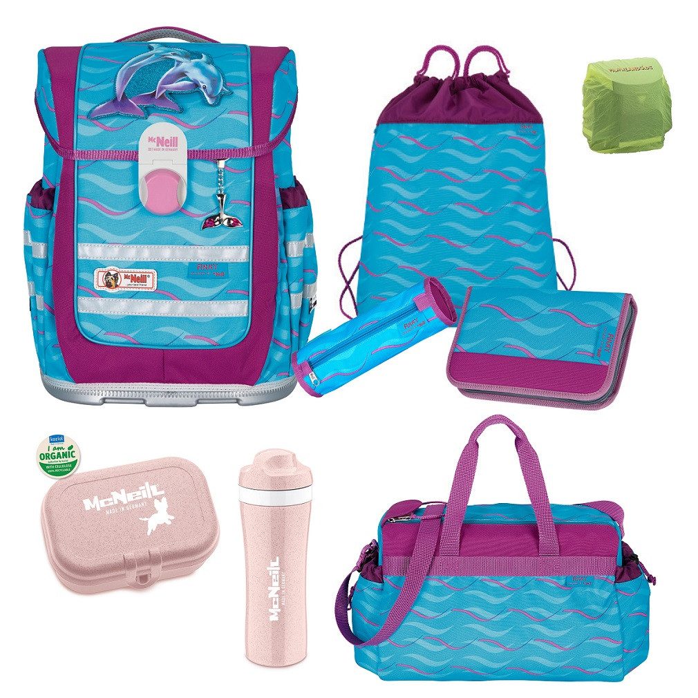 McNeill Ранцы Ergo Complete "Finny" mit Motivmagnet Delfin (Set, 9-tlg., inkl. Federmäppchen und Sporttasche), ergonomisch; 20L Volumen; wächst mit dem Kind mit