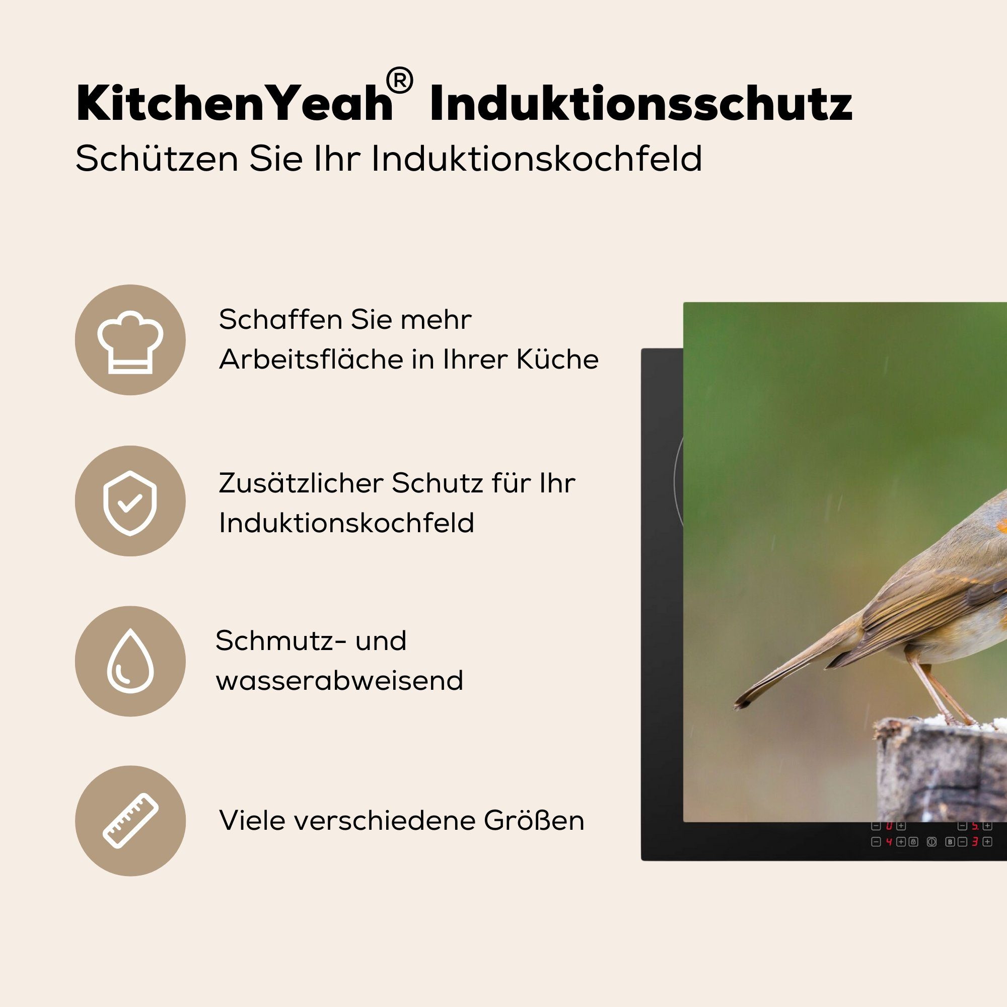 MuchoWow Herdblende-/Abdeckplatte Tiere - (1 81x52 Vinyl, Arbeitsplatte tlg), cm, Ceranfeldabdeckung, Vogel - küche für Rotkehlchen