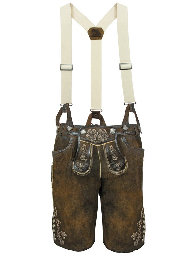 Maddox Trachtenlederhose "Gretel" mit Hosenträgern - Antik Nuss, Kurze Damen Lederhose Shorts