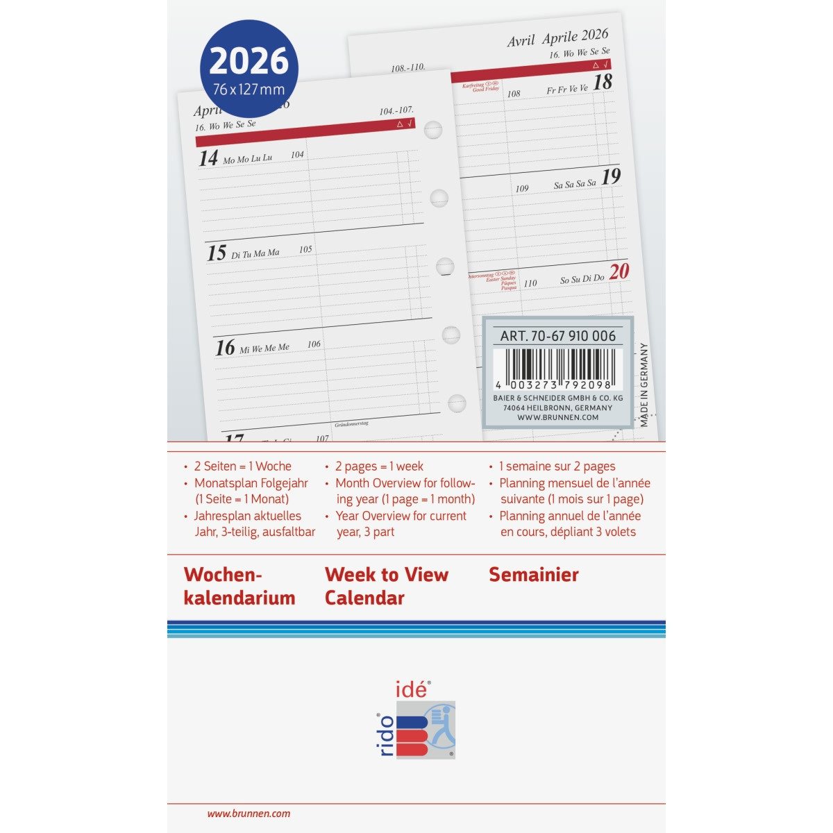 rido ide Terminplaner Wochenkalendarium 1 Woche/2 Seiten 7,6x12,7cm 2026