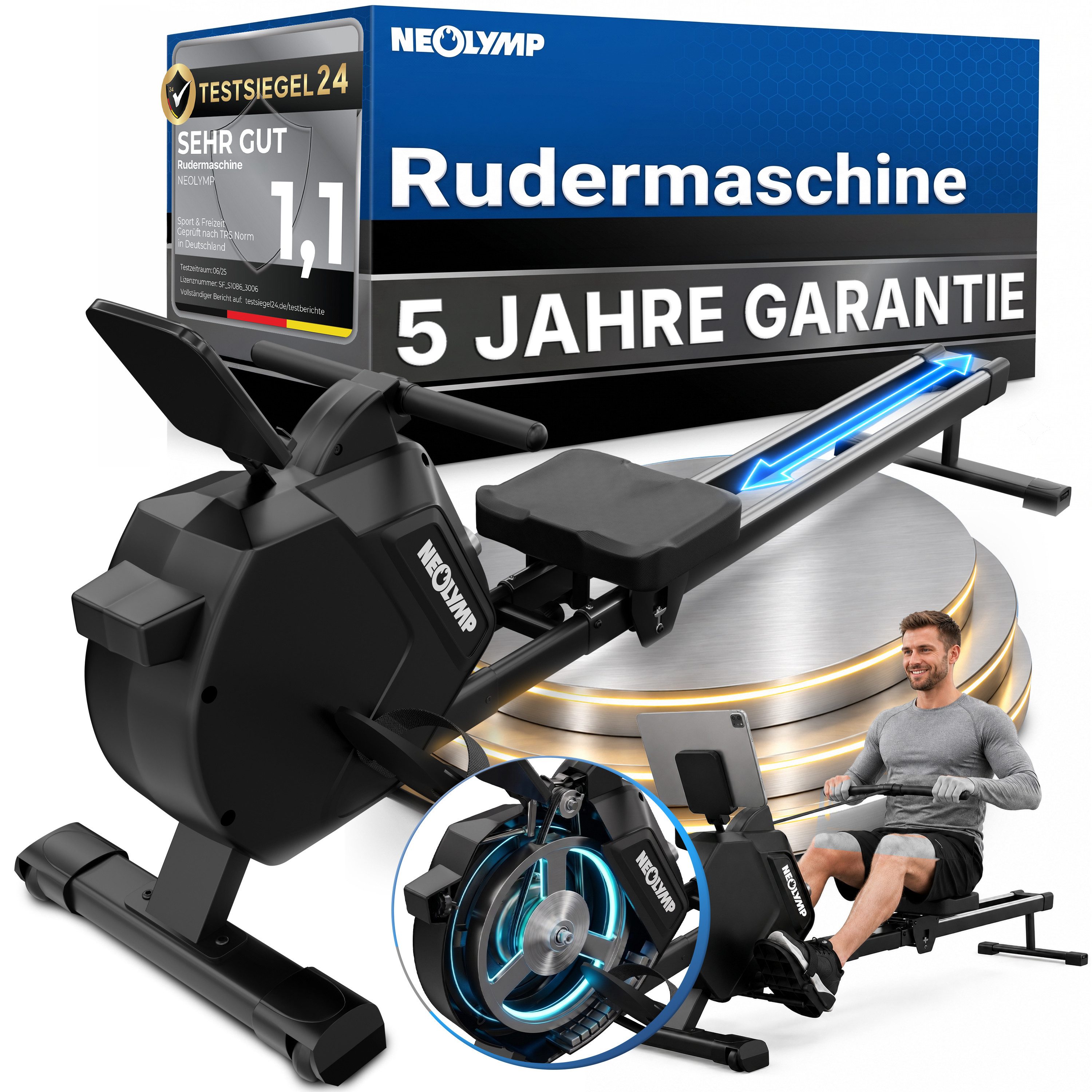NEOLYMP Rudermaschine Rudergerät für Zuhause - 32 Widerstandsstufen mit Verstellbutton, Ruderergometer Rowing Machine - leise Magnetbremse, 150 kg belastbar
