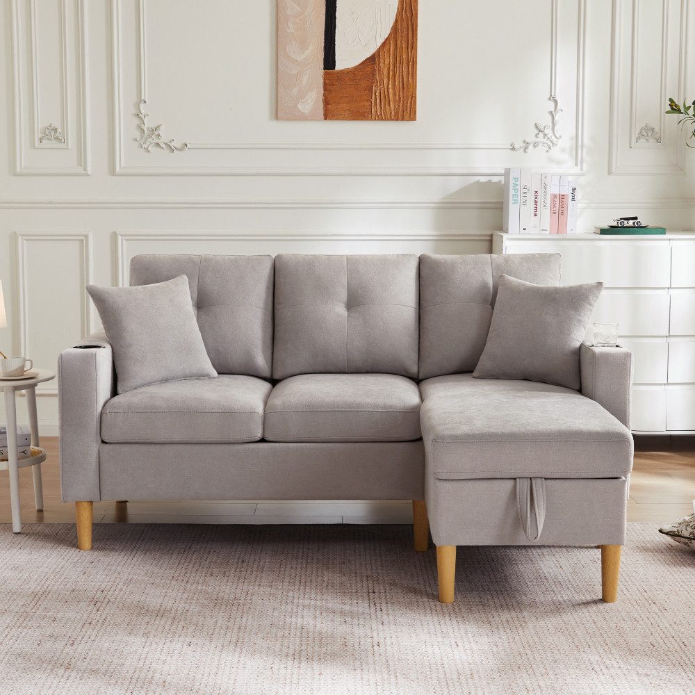 BBWL Sofa L-förmiges 3-Sitzer Sofa mit Chaiselongue, Stauraum und Getränkehalter, Baumwoll-Leinen-Bezug, modernes Ecksofa mit Kissen für Wohnzimmer