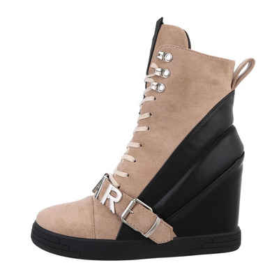 Ital-Design Damen Freizeit Schnürstiefelette Keilabsatz/Wedge High-Heel Stiefeletten in Hellbraun