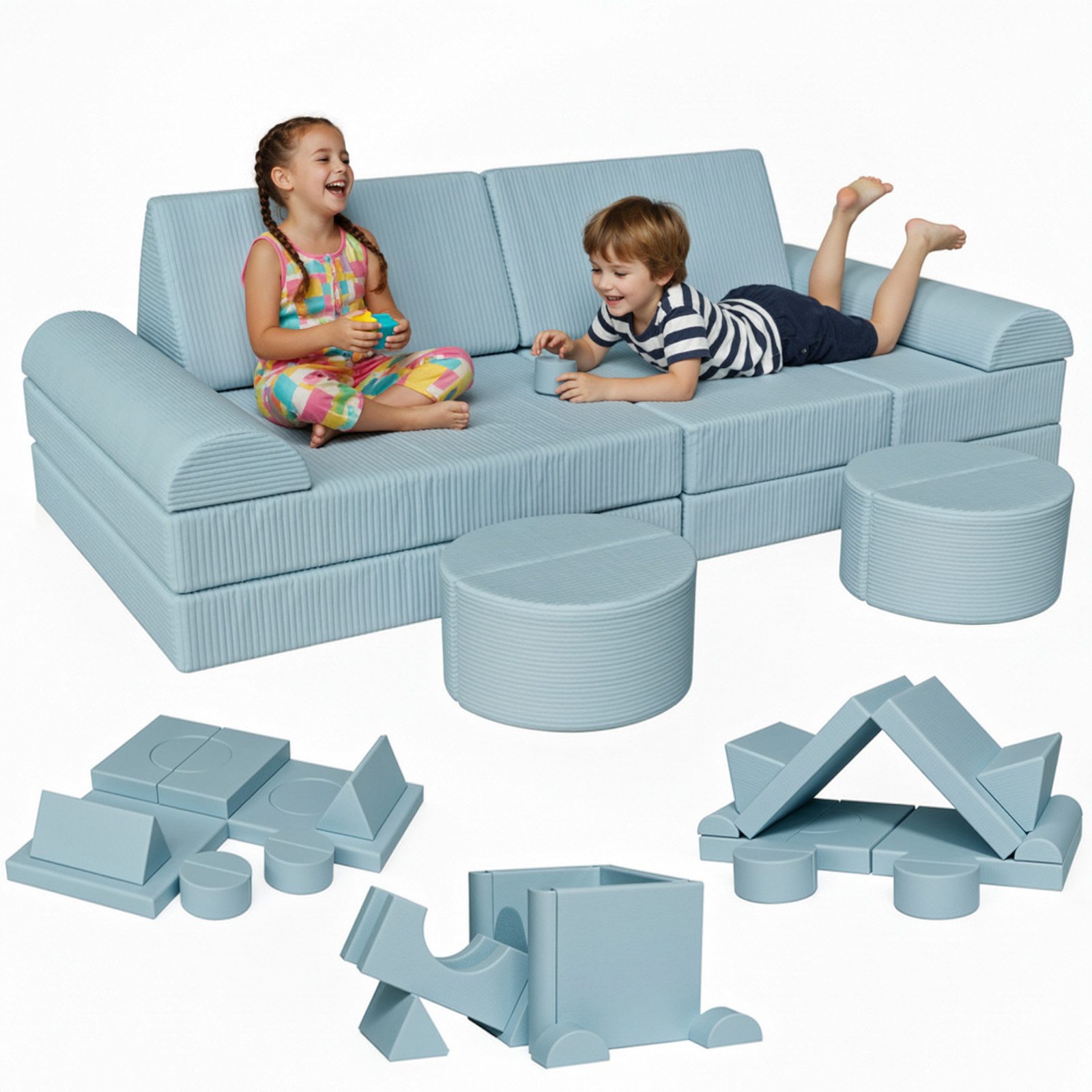 TLGREEN Kindersofa Modulares Kinder Spielsofa 15-teilig, Kreatives Bauset zum Bauen von Autos, Raketen & Burgen, Spielzeug-Geschenk für Jungen und Mädchen