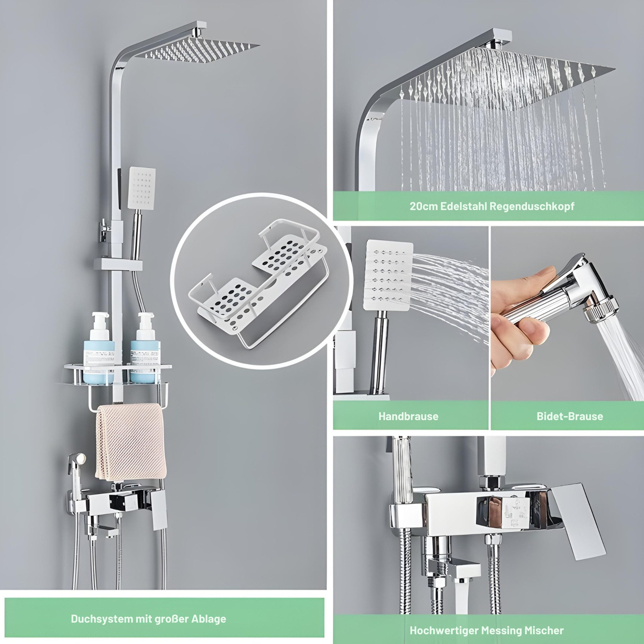 LuxaSteel Duschsystem Duschsystem mit Regendusche, 2 Handbrausen & Ablage, 5 Strahlart(en), Komplett-Set, Thermostat mit Brausegarnitur mit Kopfbrause, 3-fach verstellbare Wellness Handbrause, integrierte Ablage