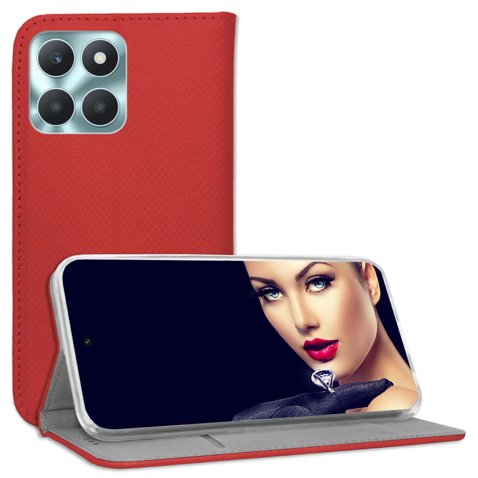 mtb more energy Smartphone-Hülle Smart Magnet für Honor X6a, Rot, Bookstyle Klapphülle Cover Wallet Case aus Kunstleder