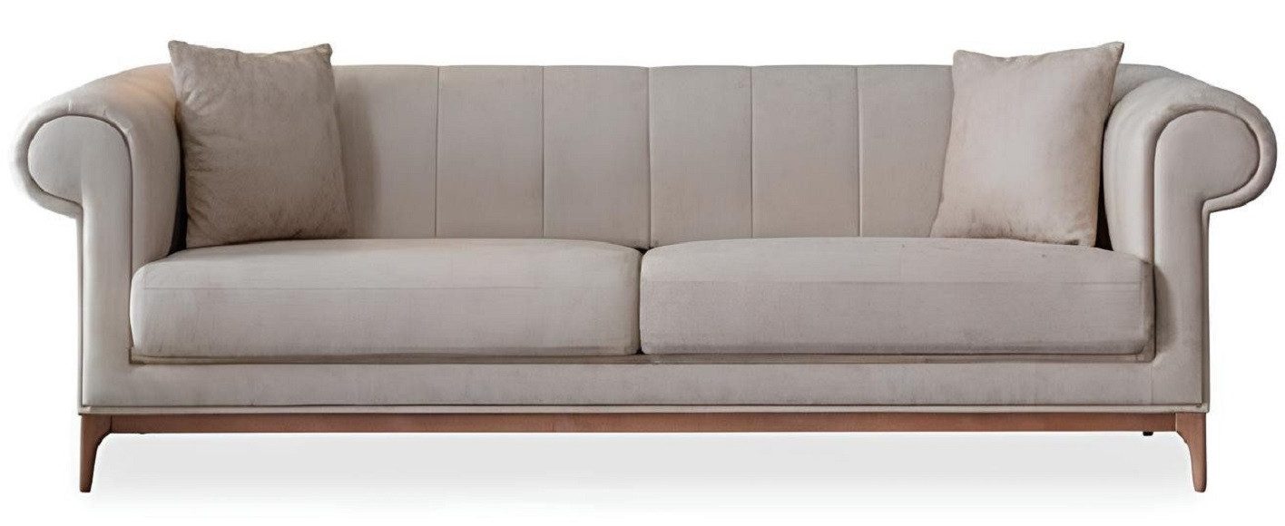 3-Sitzer Italienisches Sofa in Beige mit Holzfüßen und Kopfkissen