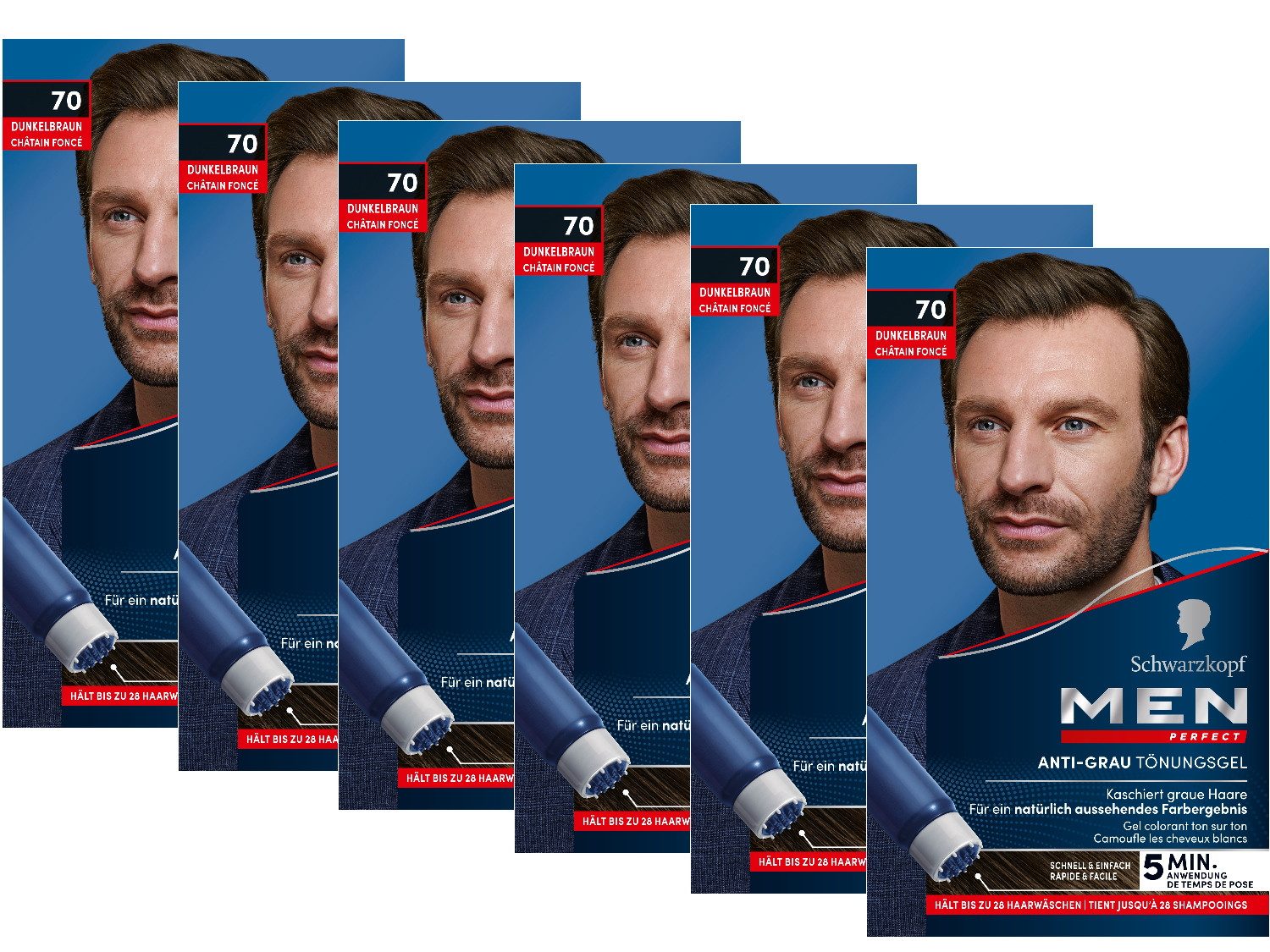 Schwarzkopf Haartönung Men Perfect 70 Dunkelbraun - hält bis zu 28 Haarwäschen, Vorratspack, 6-tlg., 6x 80 ml, Anti-Grau Tönung für ein natürlich aussehendes Ergebnis