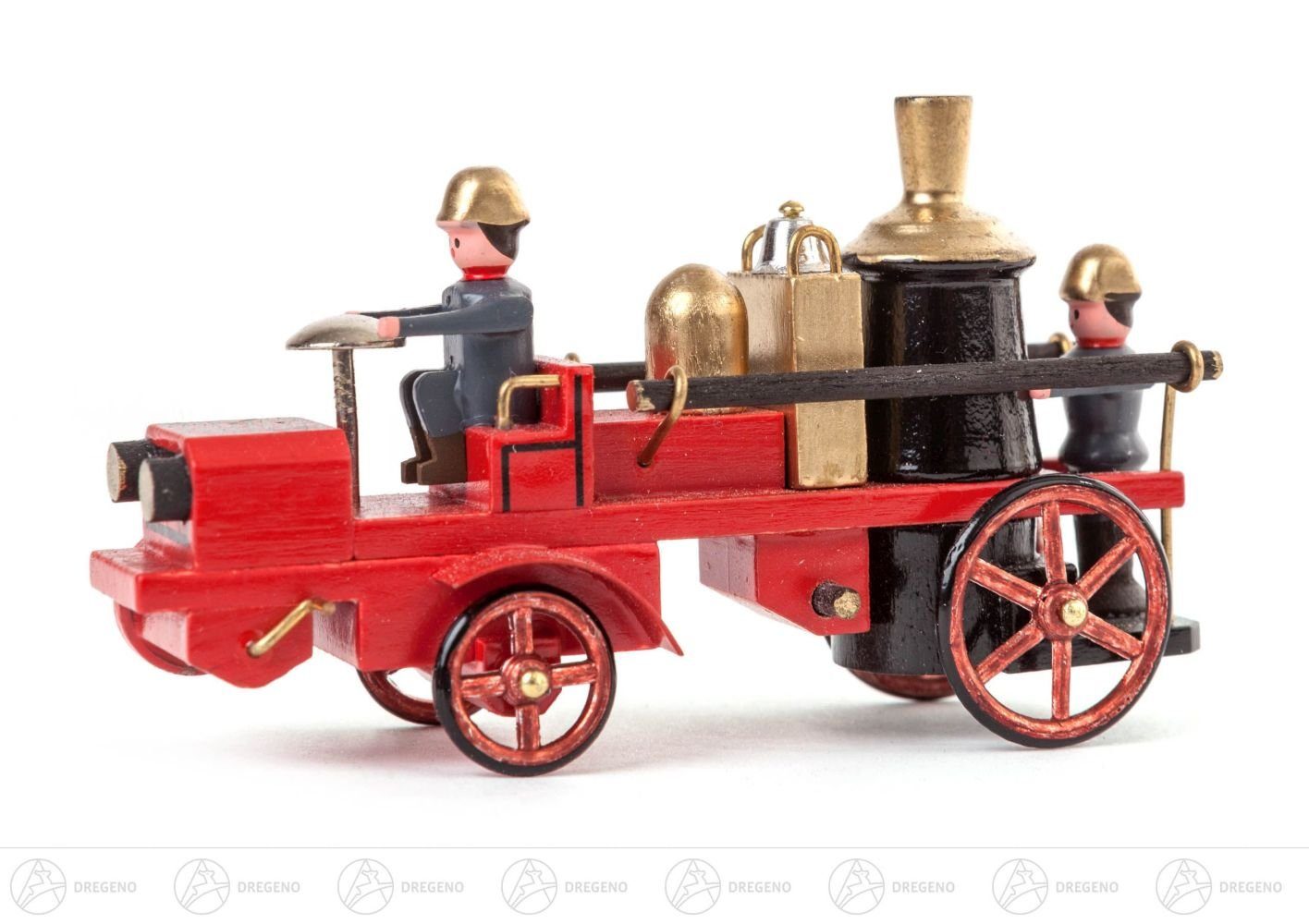 Dregeno Erzgebirge Weihnachtsfigur Miniatur Frontgetriebene Dampfspritze Höhe ca 4 cm NEU, Metallräder | Dekofiguren