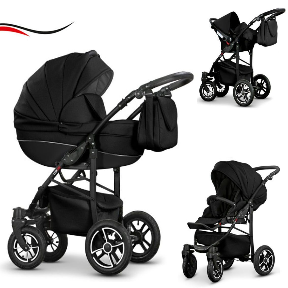 babies-on-wheels Kombi-Kinderwagen 3 in 1 Kinderwagen-Set Cosmo ECO - 16 Teile - in 29 Farben Schwarz-Schwarz Kunstleder