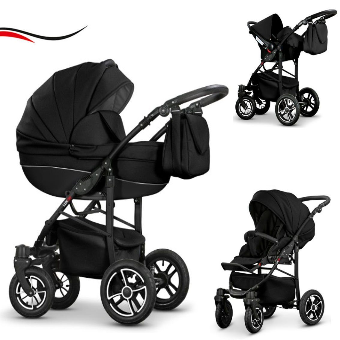 Farben 16 3 1 Kinderwagen-Set - Teile Cosmo babies-on-wheels - Kunstleder ECO 29 Schwarz-Schwarz in Kombi-Kinderwagen in