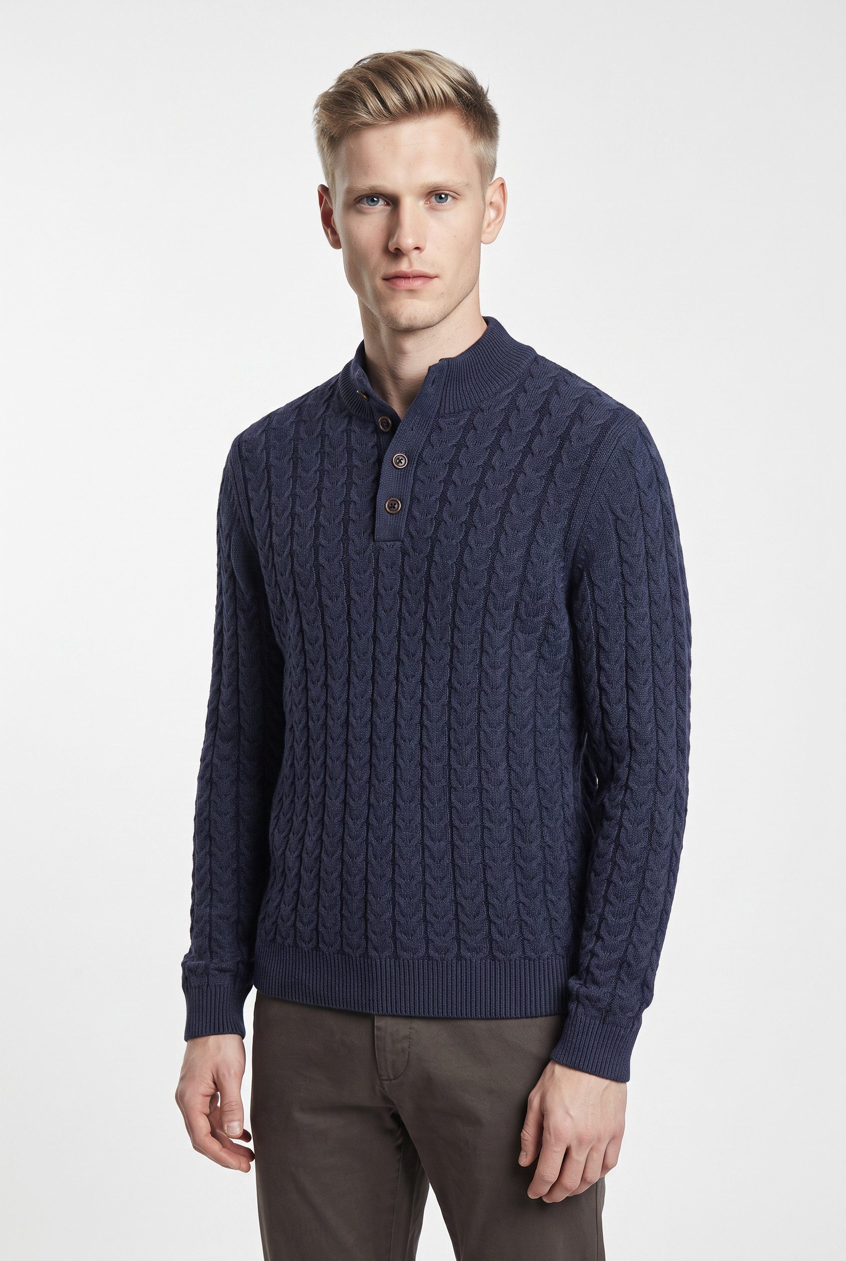 FYNCH-HATTON Troyer Strickpullover mit Zopfmuster und Knopfleiste, Woll-Anteil