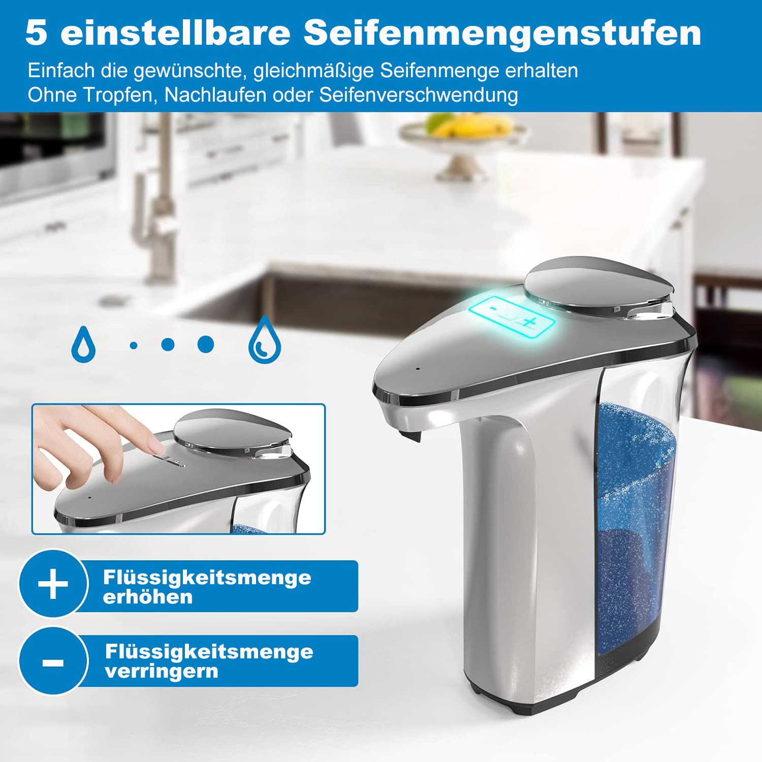 Futicare Seifenspender Automatischer Seifenspender mit Infrarotsensor – 500 ml, (5 Stufen einstellbar, berührungslos & IPX5-wasserdicht) – Bild 4 von 5
