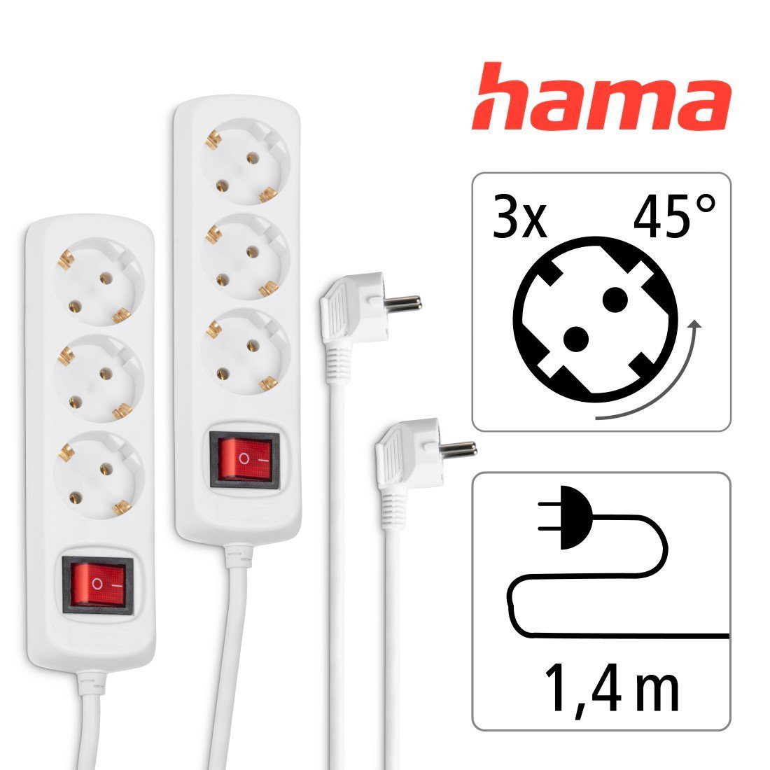 Hama Steckdosenleiste 3 fach mit Schalter, 2er Set, Mehrfachsteckdose, 1,4m Steckdosenleiste 3-fach (Ein- / Ausschalter, Schalterbeleuchtung, Schutzkontaktkupplung, Kabellänge 1,4 m)