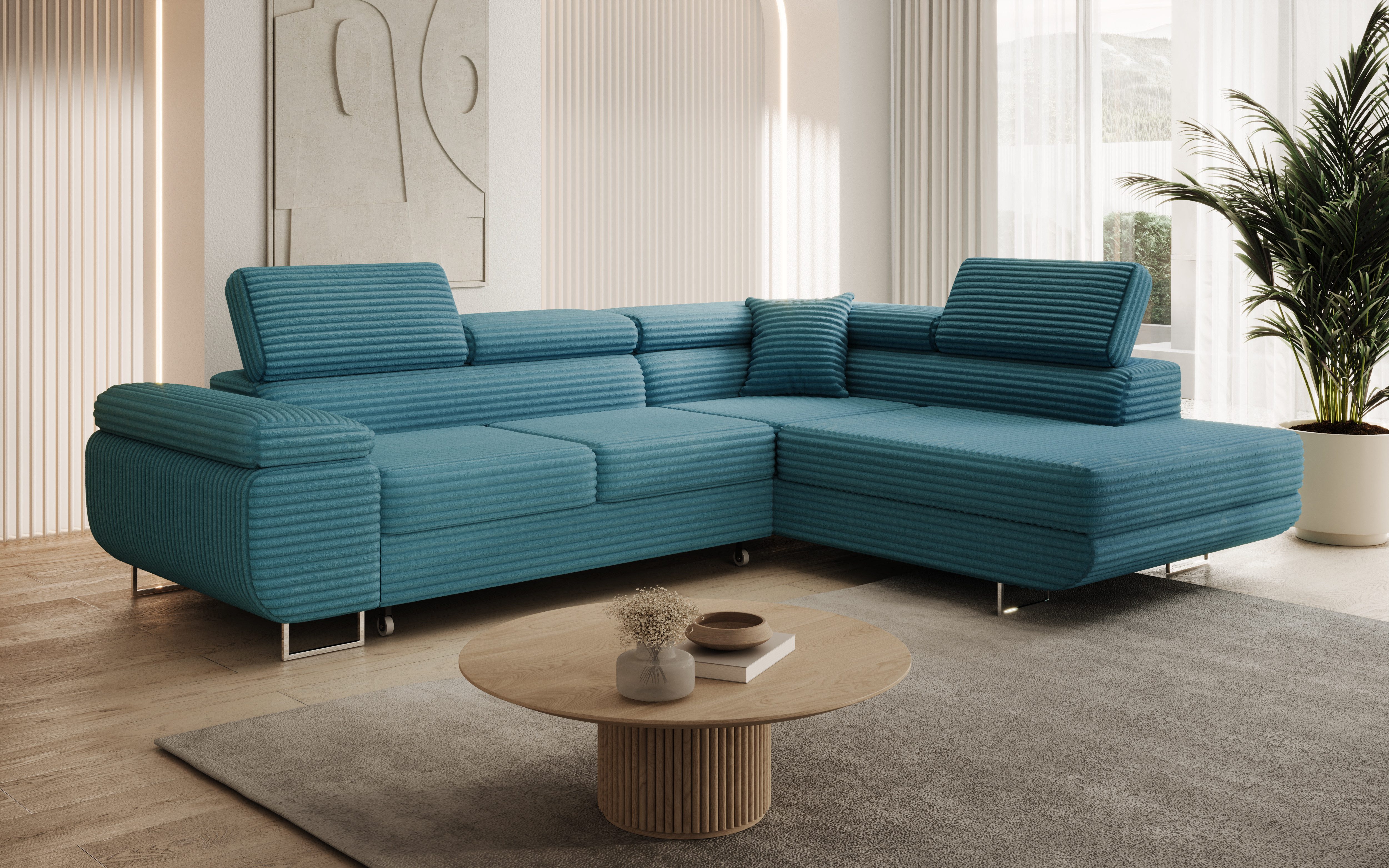 thematys Ecksofa ASTON mit Schlaffunktion & Bettkasten – Cordstoff TILIA, - mit 3 verstellbaren Kopfstützen, – L-Form 273×203 cm – Schlafsofa mit Auszug