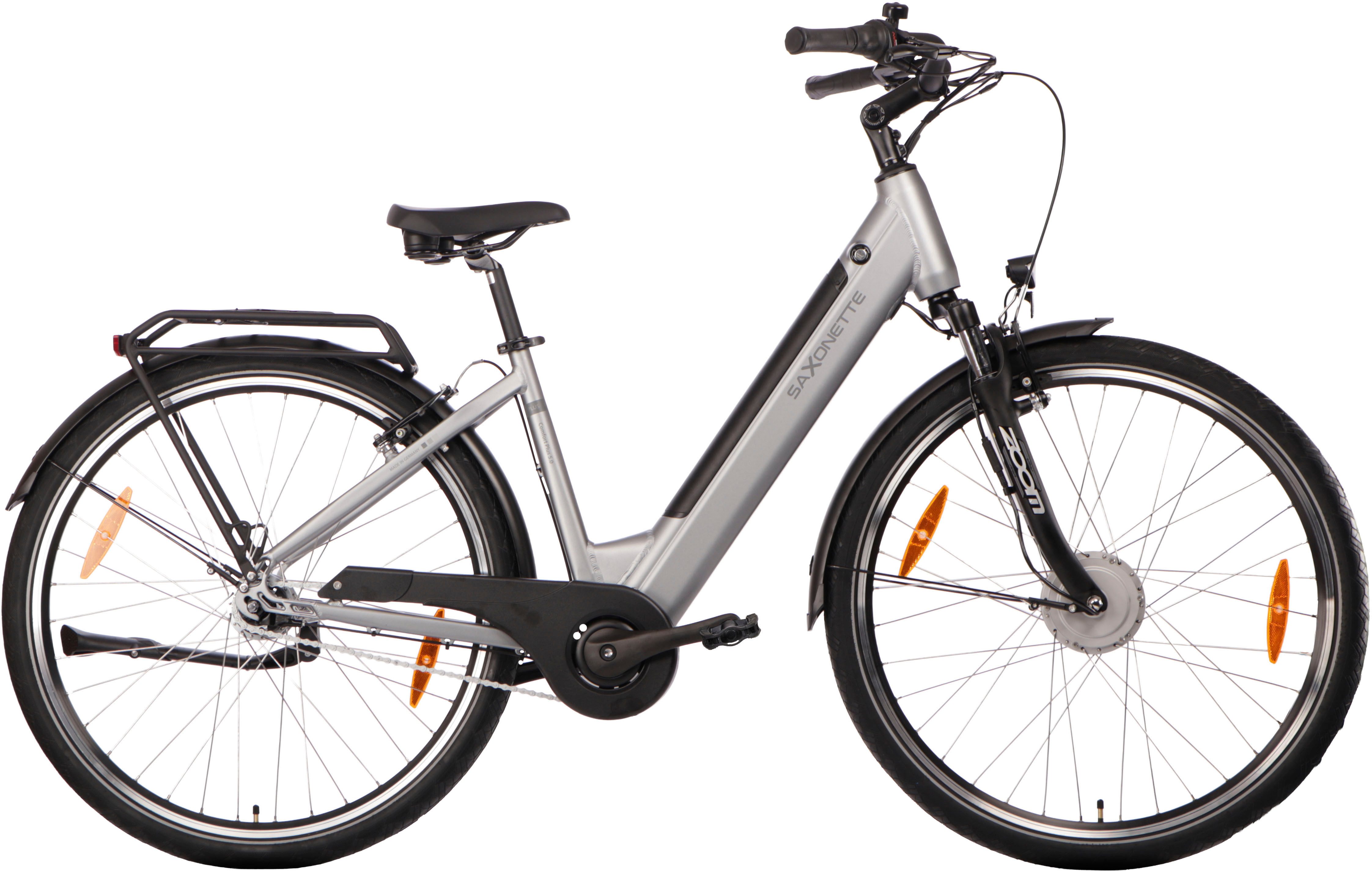 SAXONETTE E-Bike Cityrad SAXONETTE Comfort Plus 5.0 E-Bike Damen 28 Zoll, 7 Gang Shimano Nexus 7 Gänge Schaltwerk, Nabenschaltung, Frontmotor, 468 Wh, (Packung), (mit integr. Akku), Elektrofahrrad für Alltag und Einkauf