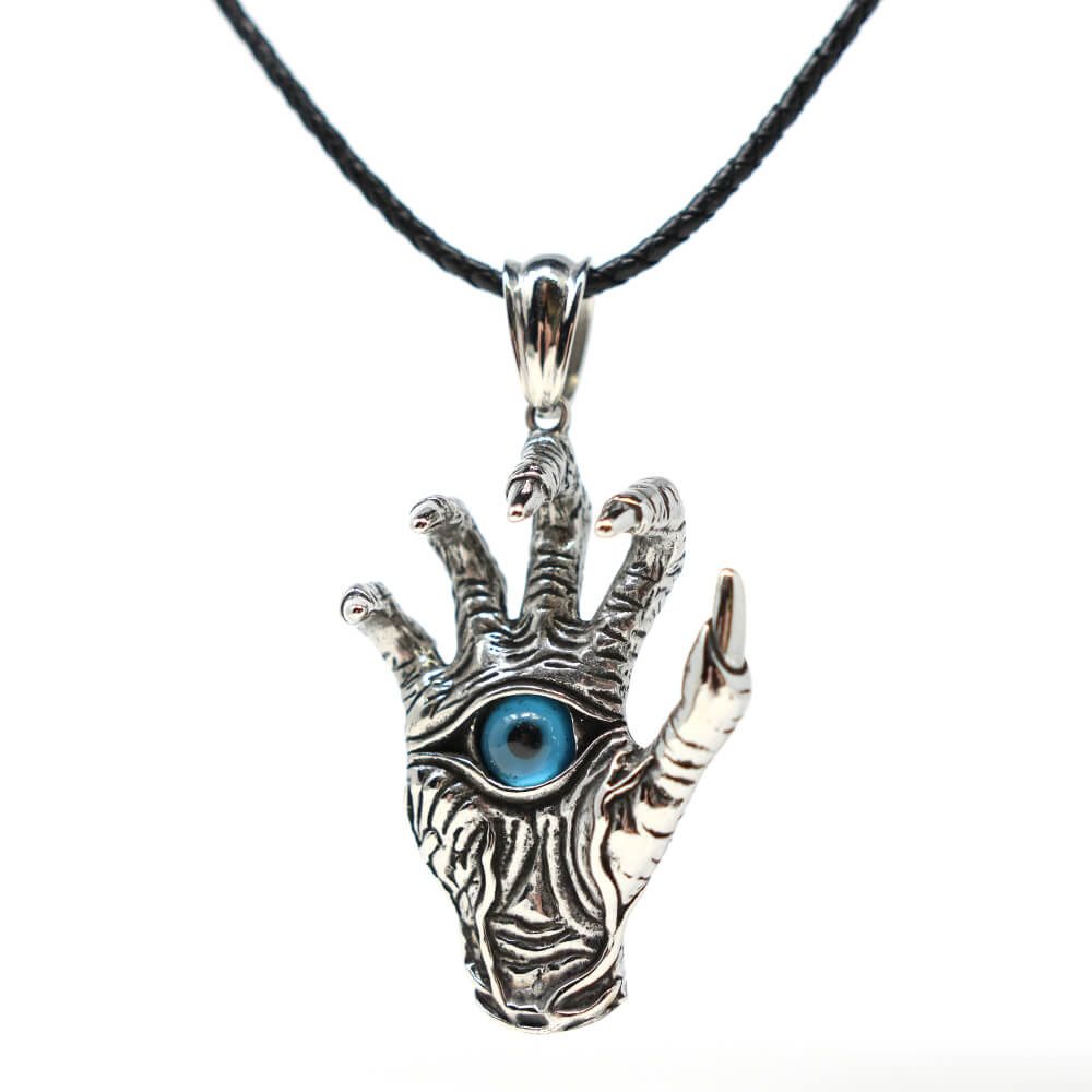 DALMARO Kette mit Anhänger Lederkette Edelstahlkette 316L TOTENHAND AUGE, Herren Halskette Biker / Wikinger Kette - Schmuckbox