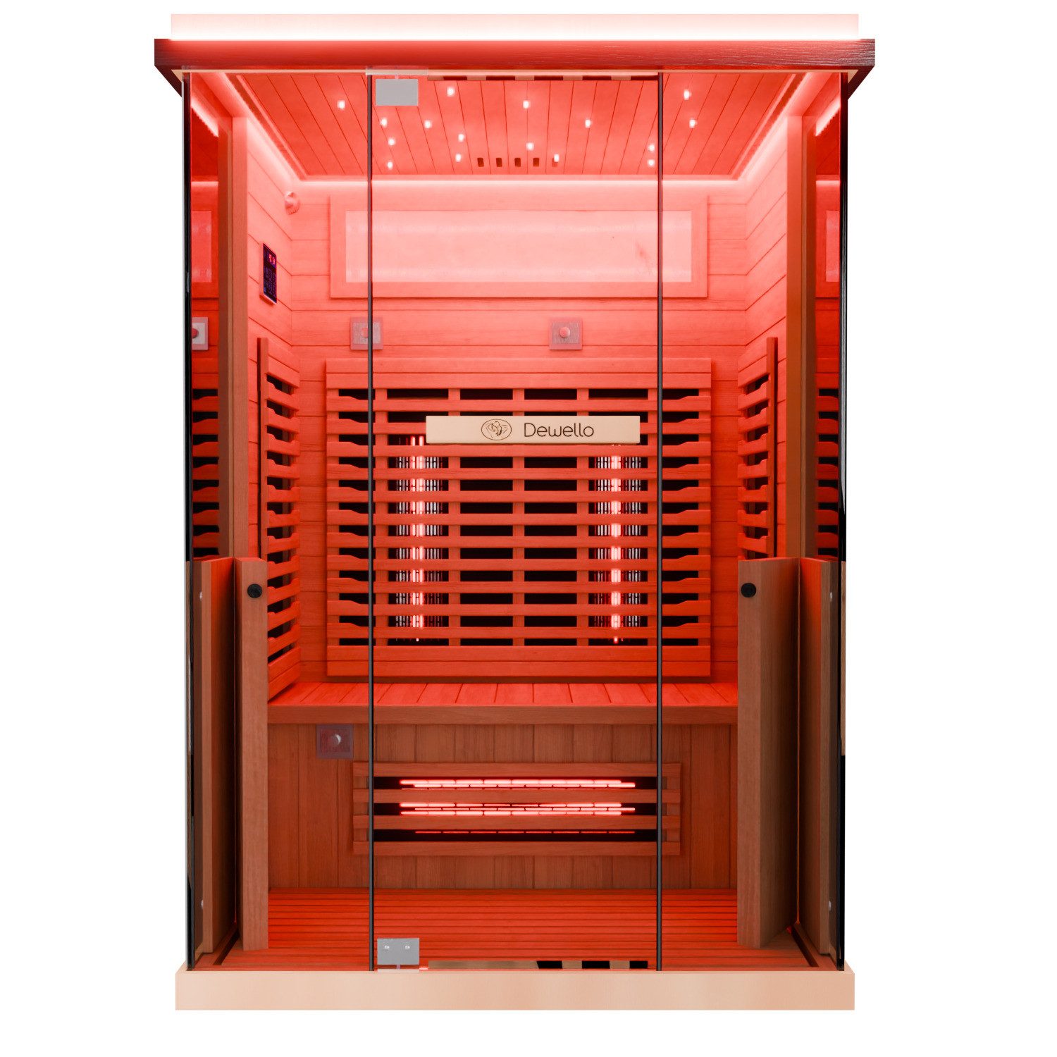 Dewello Sauna KENORA 130 Wärmekabine, 1-2 Personen, 5 Vollspektrumstrahler, BxTxH: 130 x 105 x 190 cm, (aus Hemlock-Tannenholz, leichter Aufbau dank Stecksystem, inkl. Ionisator mit Ozondesinfektion und Aromatherapie, Bluetooth & FM)