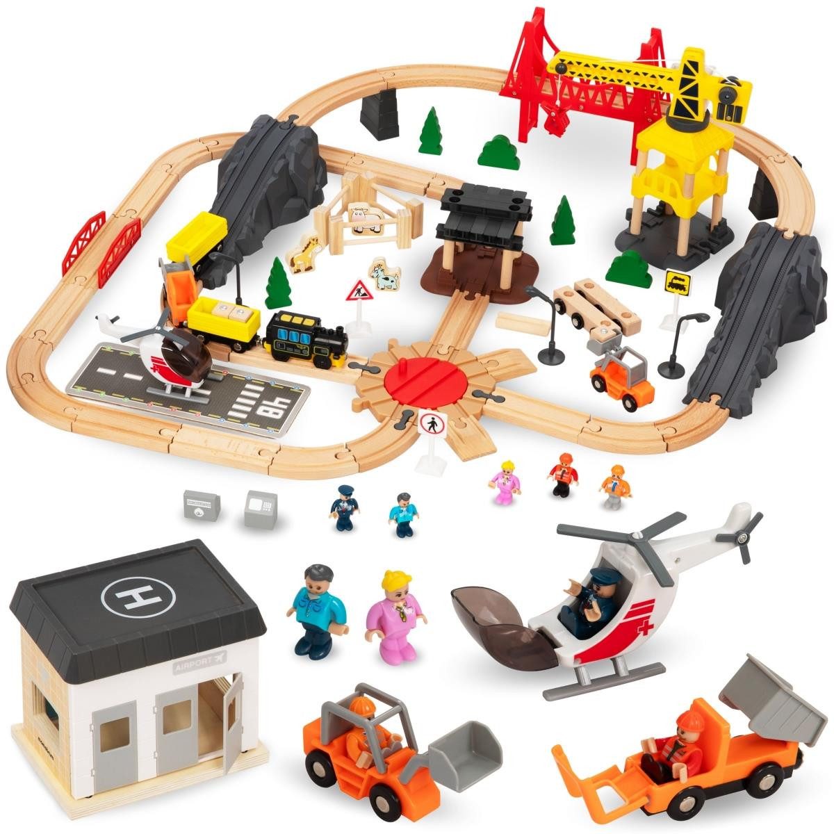 Mamabrum Spielzeug-Eisenbahn Holzeisenbahn-Set mit Flughafen, Kran und elek günstig online kaufen