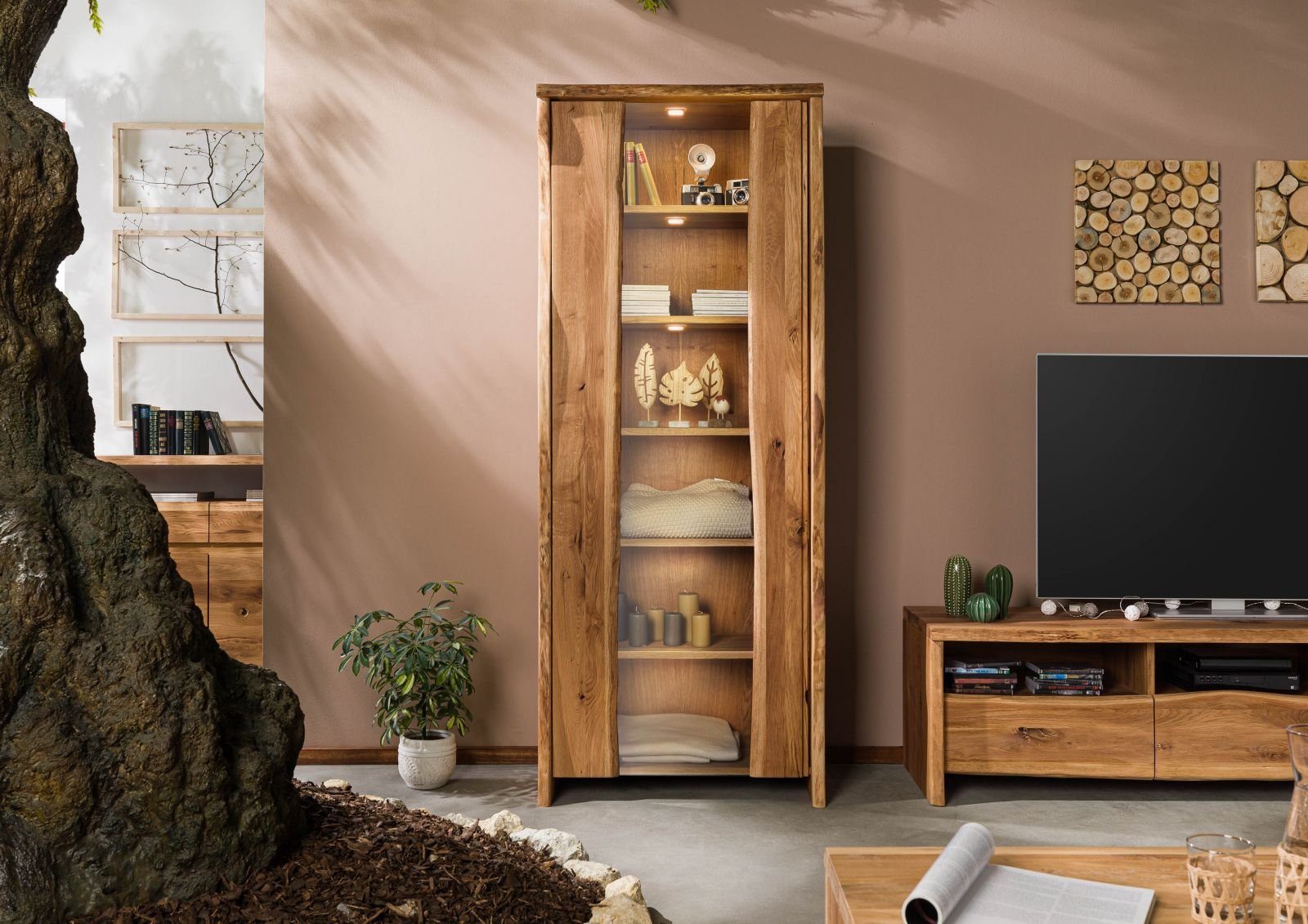 PURE Wildeiche natur Vitrine Standvitrine #107 81x45x204 Massivmoebel24 geölt OAK