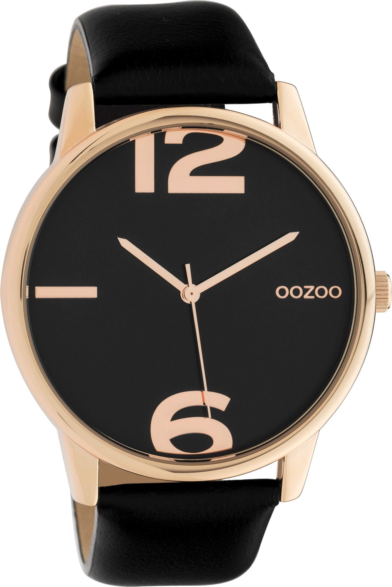 OOZOO Quarzuhr Oozoo Damen Armbanduhr schwarz Analog, Damenuhr rund, groß (ca. 45mm) Lederarmband, Fashion-Style