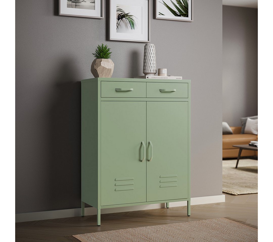 skølm Kommode Atria aus Metall, Highboard mit höhenverstellbaren Böden (Grün, 2 Fächer & 2 Schubladen), auch verfügbar ohne Schubladen