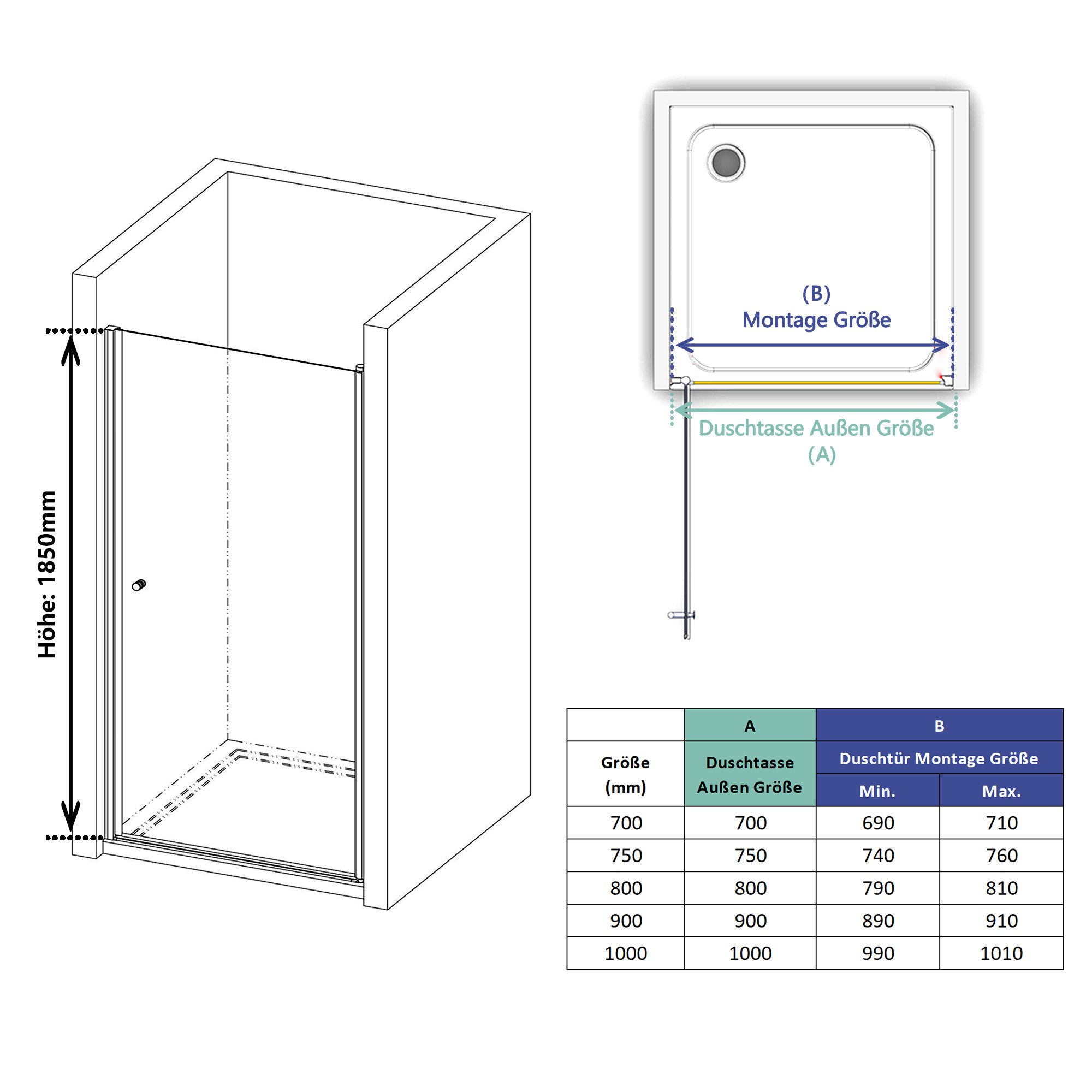 IMPTS Dusch-Drehtür Dusche Nische Duschtür Nischendusche, 70x185 cm, Sicherheitsglas, (Set, mit hochwertigen Aluminiumprofilen in Chrome) Duschtür Pendeltür Dus – Bild 4 von 5
