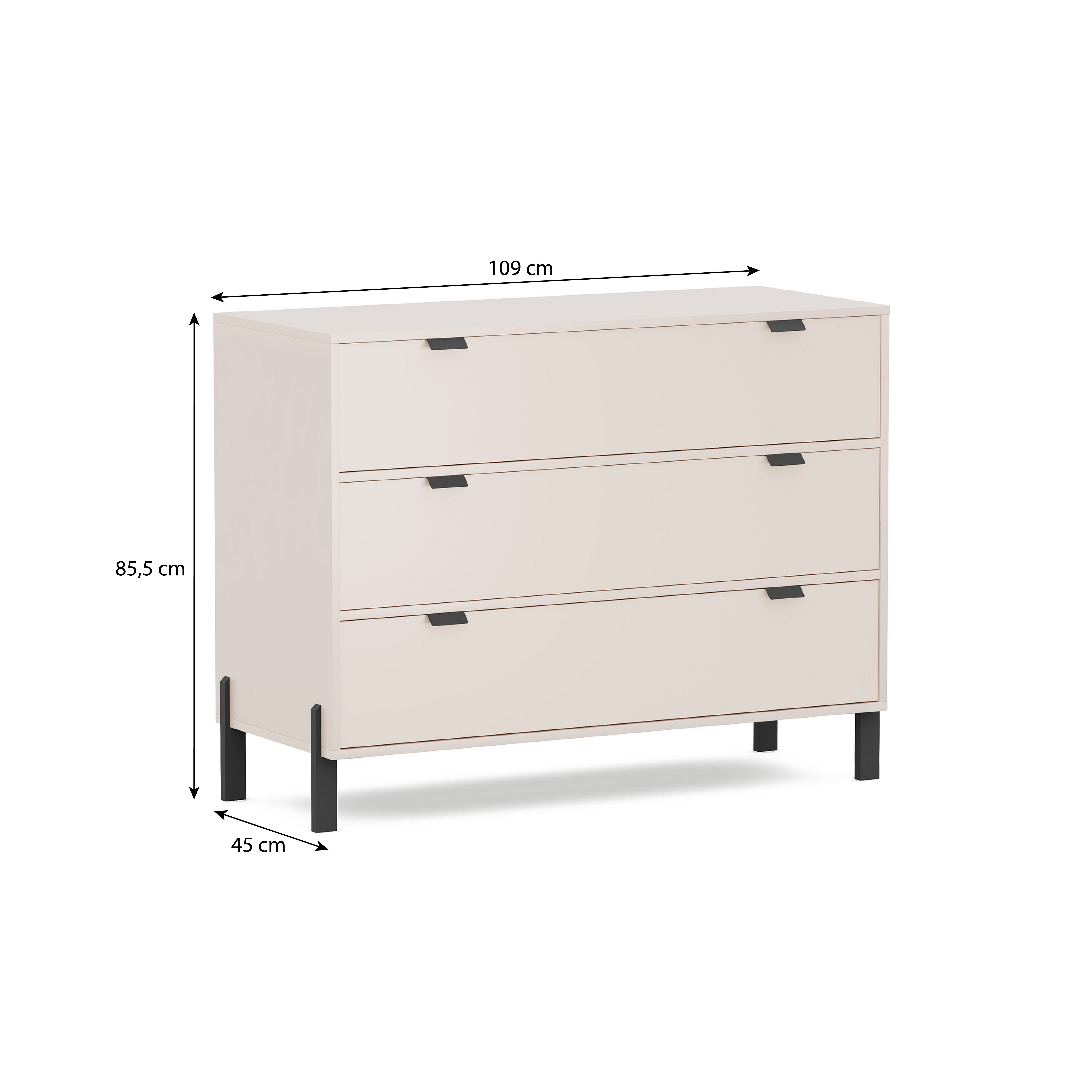 Beautysofa Kommode CORTINA Sideboard mit 3 Schubladen (mit Metallgriffen und Füßen, Farbe Sandbeige), Breite: 109 cm