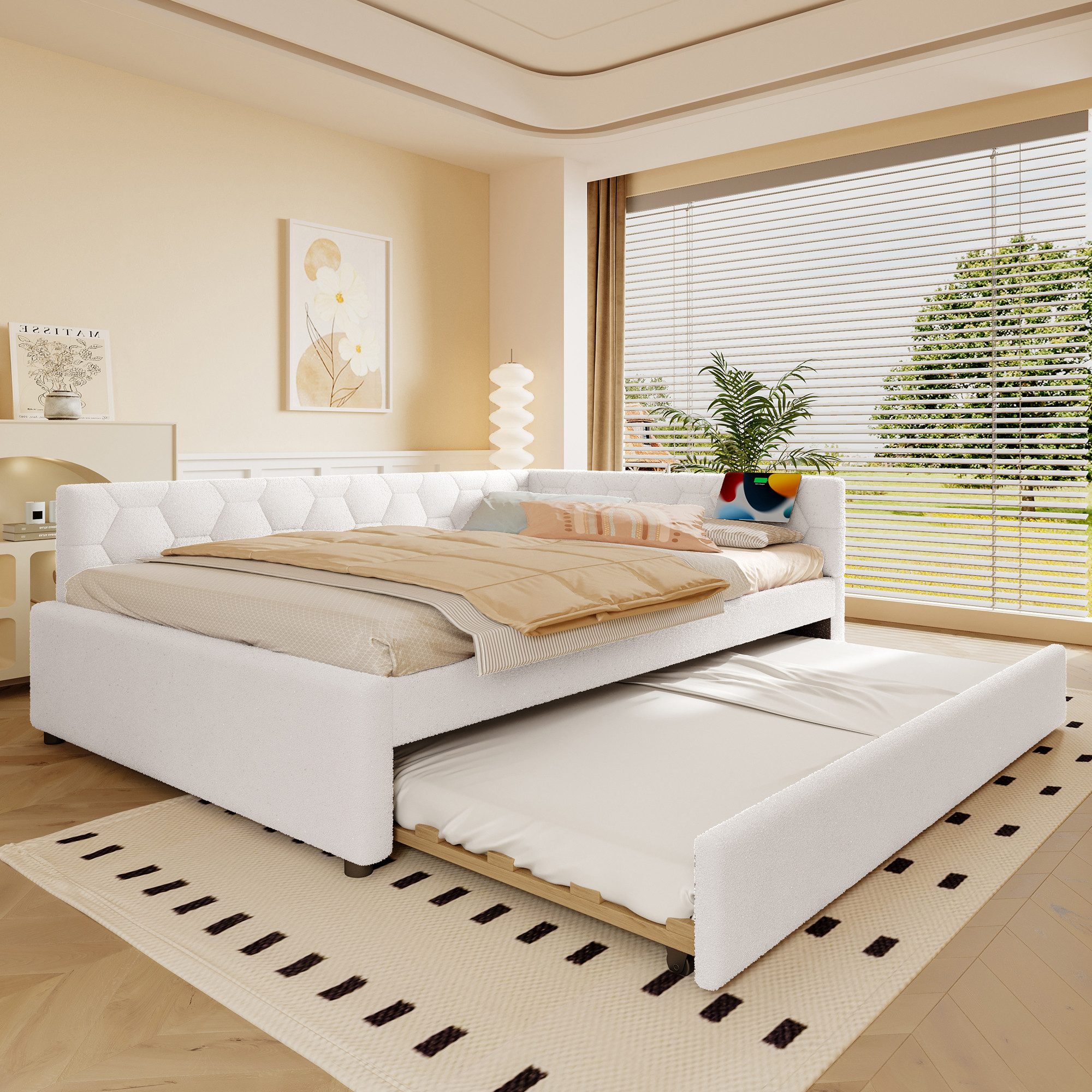Flieks Daybett, Polsterbett Kinderbett 140x200cm mit Ausziehbett 90x190cm, USB & Typ-C
