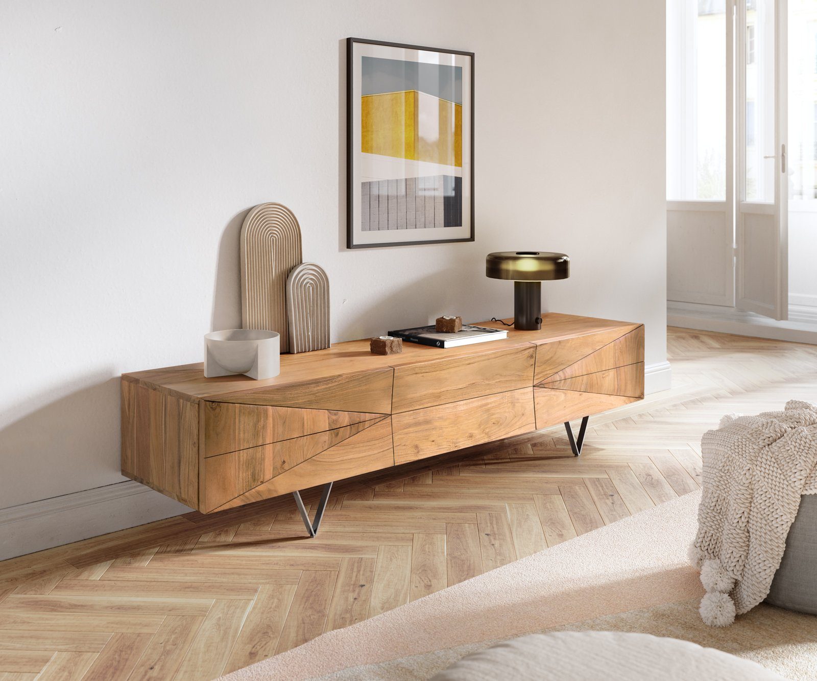 DELIFE Lowboard Wyatt, Akazie Natur 175 cm 2 Türen 1 Klappe Designer Lowboa günstig online kaufen