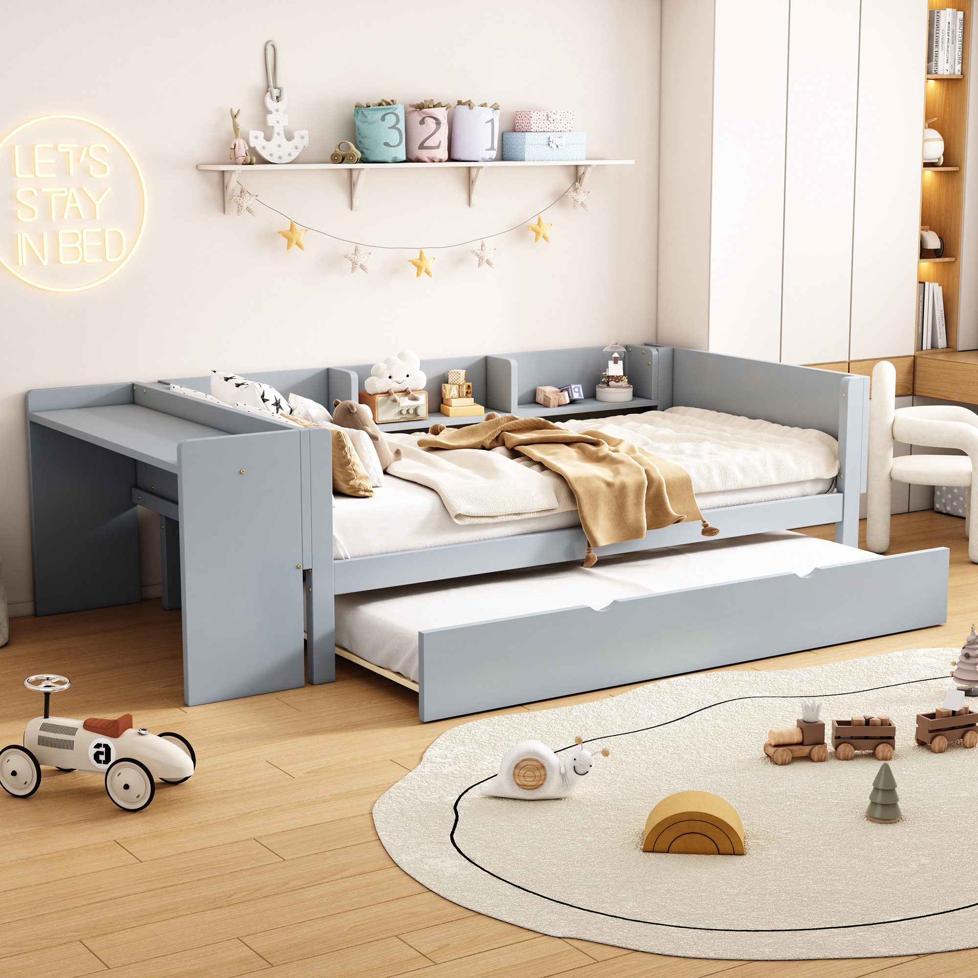 TavilaEcon Stapelbett Multifunktionales Kinderbett mit Schreibtisch & Ausziehbett, 3 seitliche Regale, 90x200cm (ausziehbar auf 180cm)