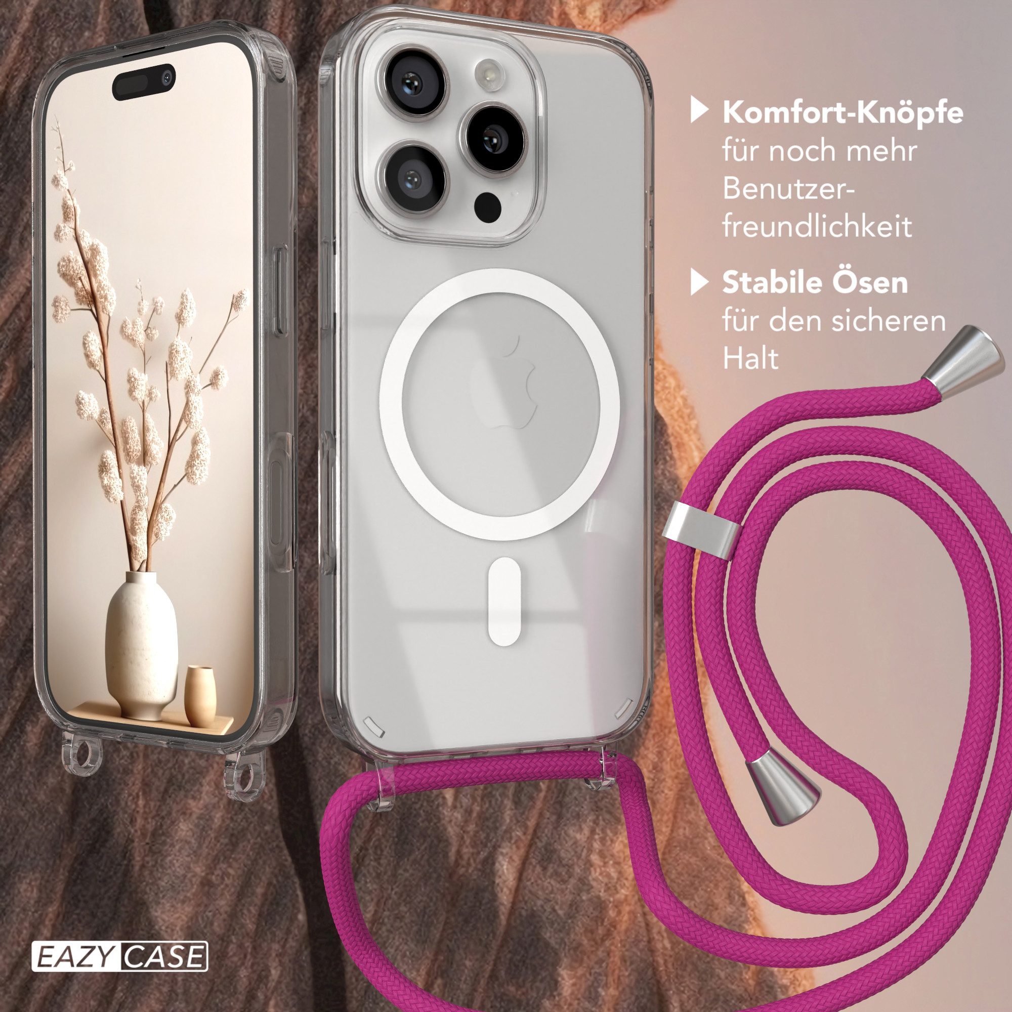 EAZY CASE Handykette mit Magsafe Hülle für Apple iPhone 16 Pro 6,3 Zoll, Slimcover Festival Hülle Band Handyketten induktive Umhängehülle Pink