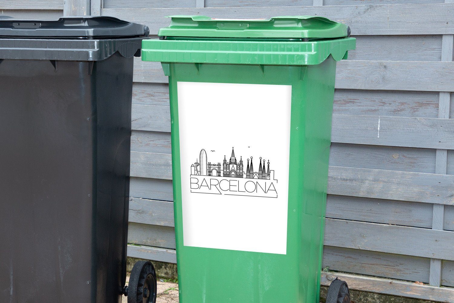 MuchoWow Wandsticker Skyline von Mülleimer-aufkleber, Hintergrund (1 Container, Abfalbehälter weißem Barcelona" Mülltonne, Sticker, St), auf