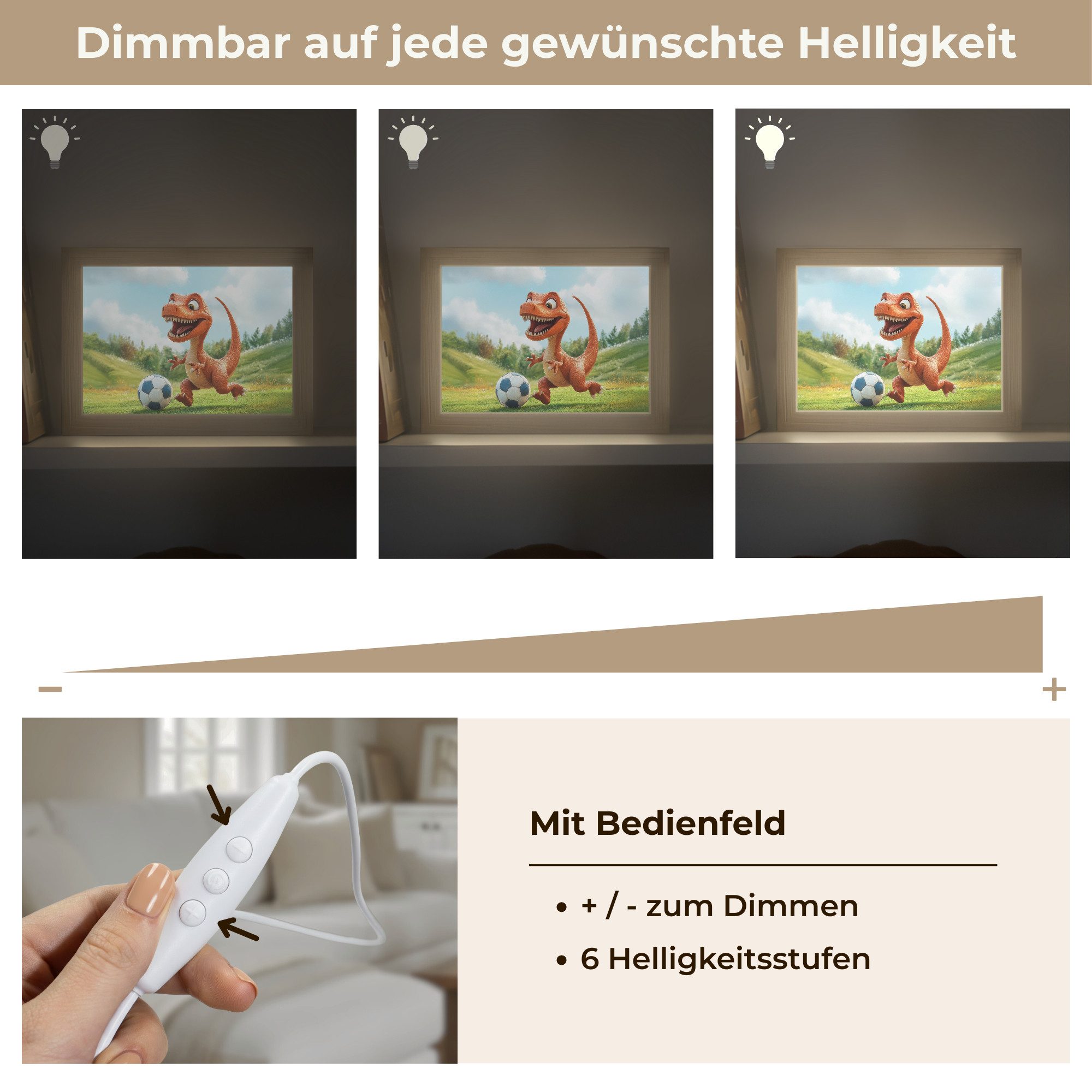 OnlyWow Wandleuchte Lightbox Dinosaurier - Orange - Cartoon - Fußball - Jungen, Dimmbar, Farbwechsel, LED, Warmweiß, Kaltweiß, Neutralweiß Einstellbar, Wandlampe Innen, Dimmbar, mit Kabel, LED, Modern, Kinder