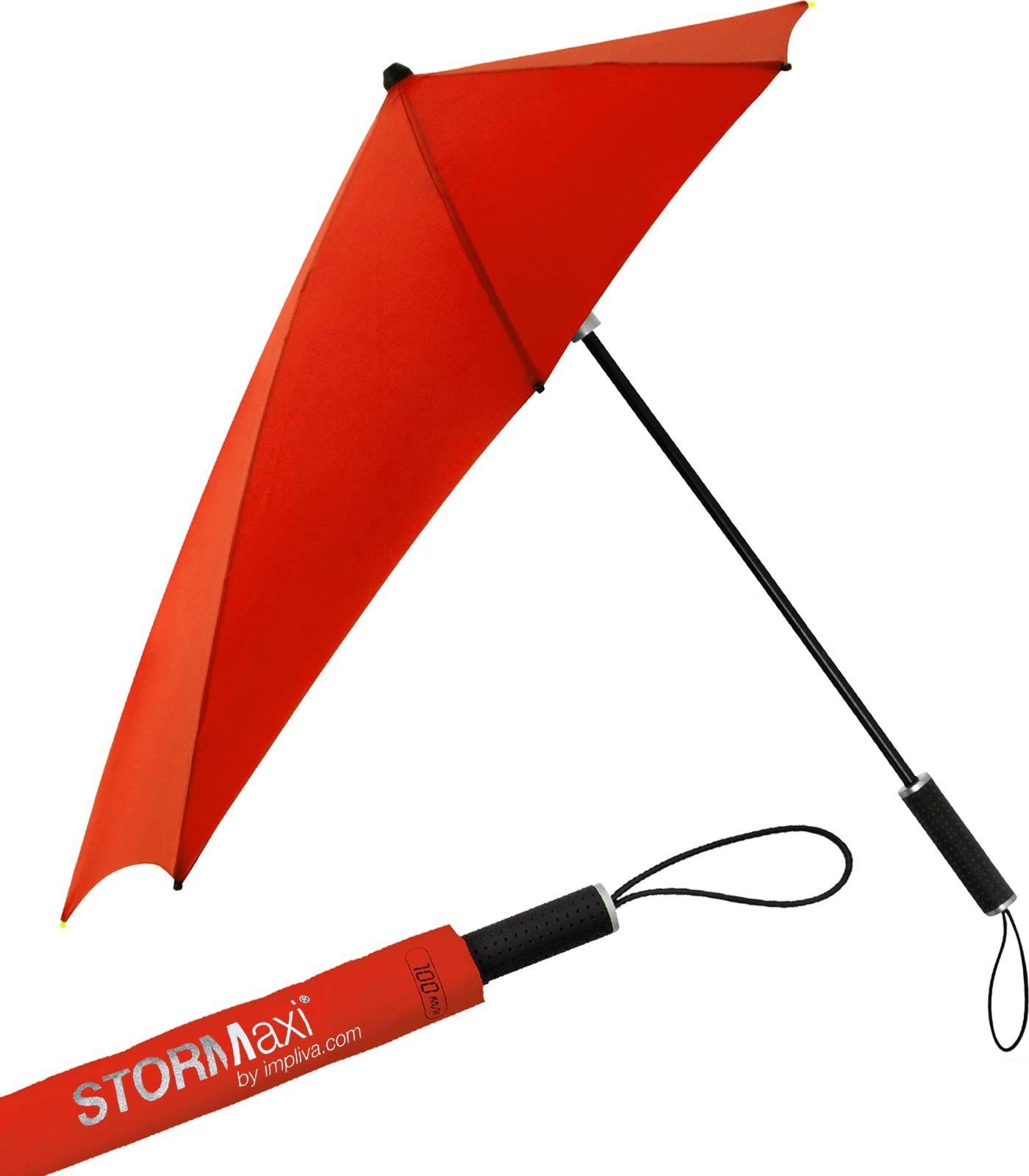 Impliva Stockregenschirm STORMaxi Sturmschirm aerodynamischer Regenschirm, durch seine besondere Form dreht sich der Schirm in den Wind, hält bis zu 100 km/h aus rot