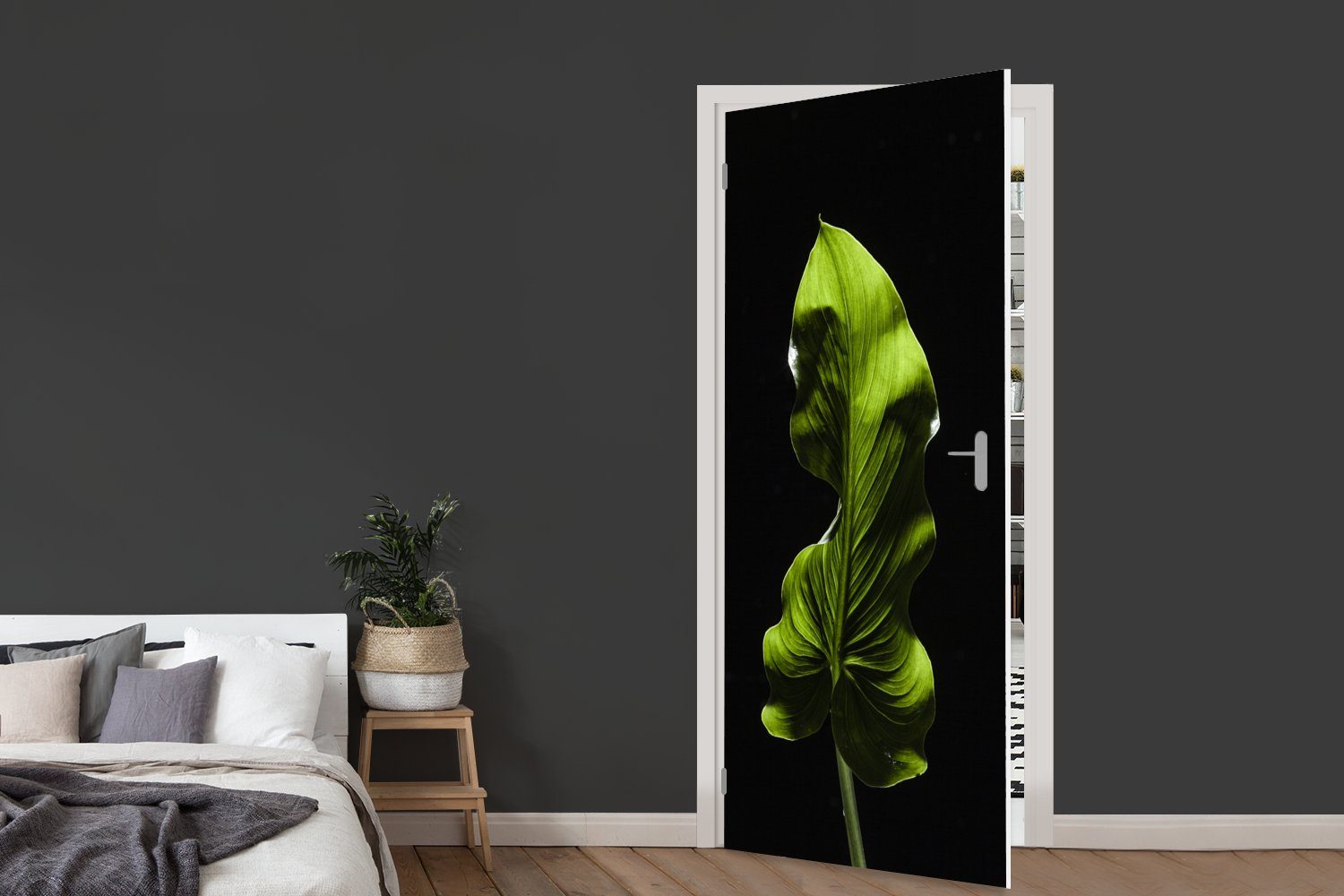 Tür, Ein MuchoWow St), Türtapete Hintergrund, Matt, (1 Türaufkleber, schwarzem bedruckt, cm Blatt auf grünes 75x205 für Fototapete