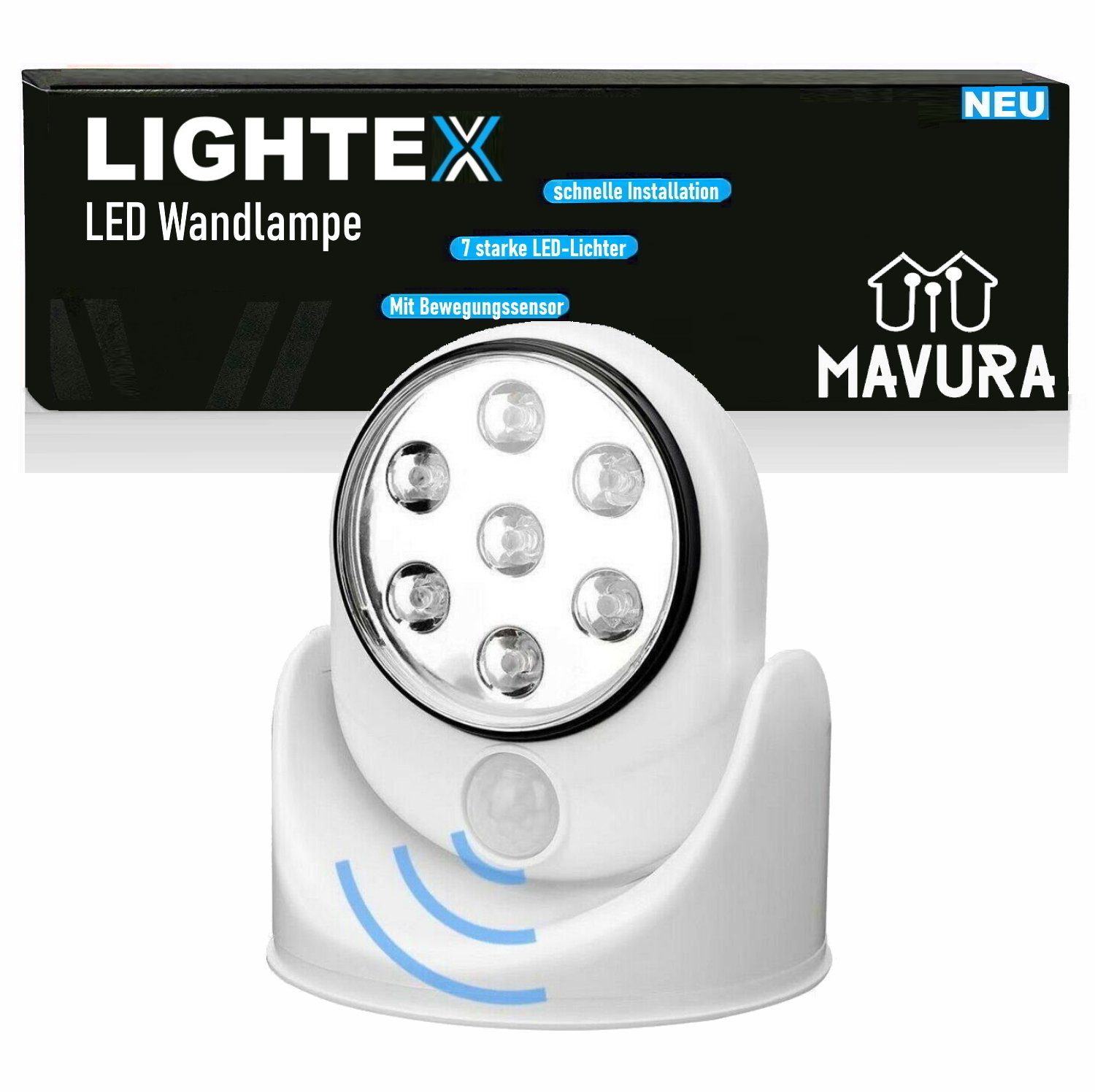 MAVURA LED LIGHTEX LED Wandleuchte LED fest integriert, Tageslichtweiß, Led, mit Bewegungsmelder kabellos Batteriebetrieben Innen Außen