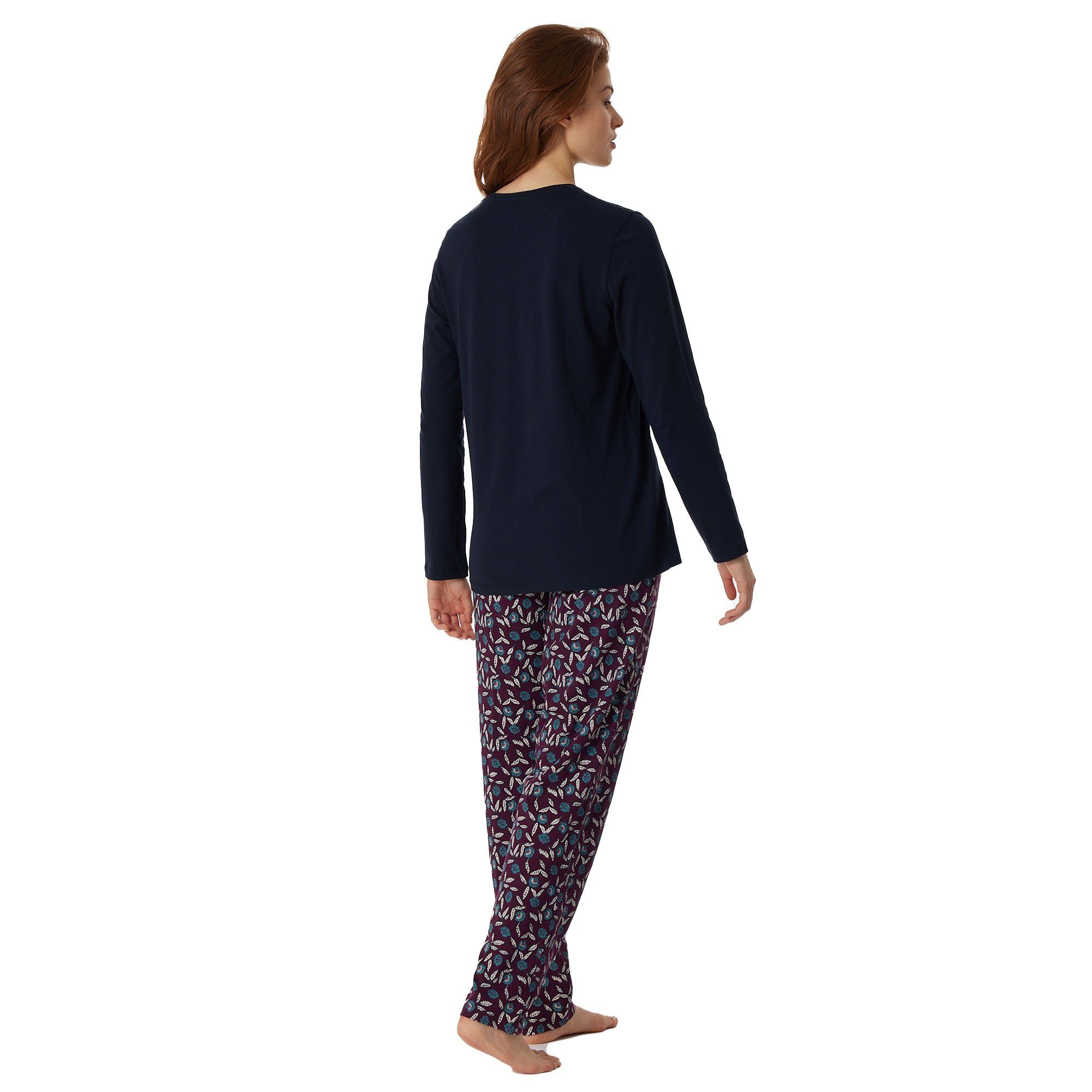 Schiesser Pyjama V-Ausschnitt - Set Schlafanzug Damen Blau lang