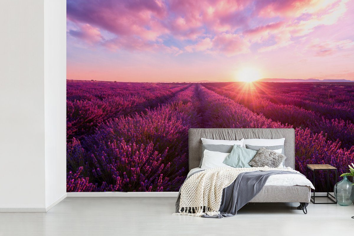 MuchoWow Fototapete (6 Wallpaper Lavendel Blumen für Vinyl Wohnzimmer, Matt, - Schlafzimmer, St), Kinderzimmer, Tapete Frankreich, bedruckt, 