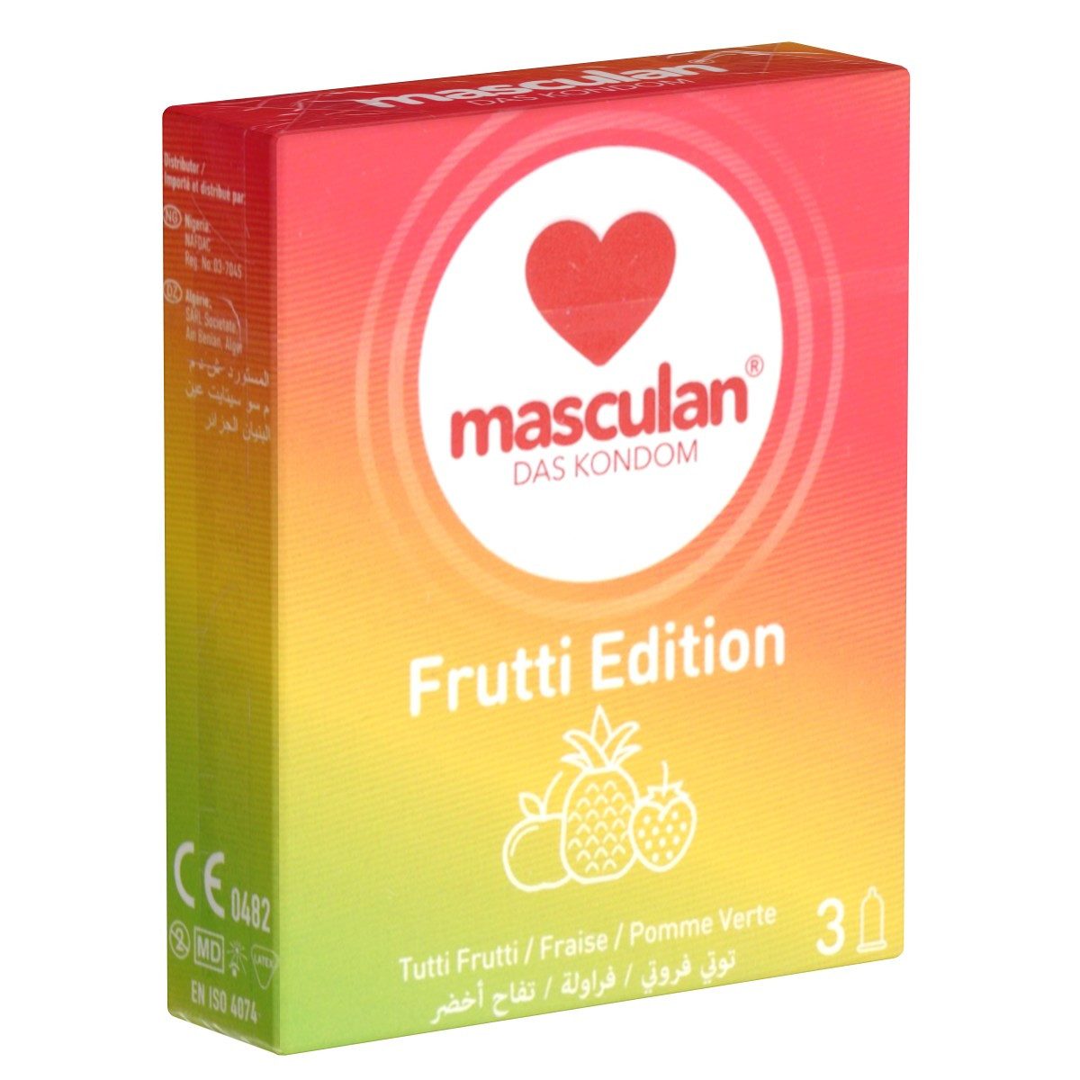 Masculan Kondome Frutti Edition (Exotic, Erdbeere, Grüner Apfel) Packung mit, 3 St., bunte Qualitätskondome mit Geschmack, fruchtige Kondome in drei Trendfarben