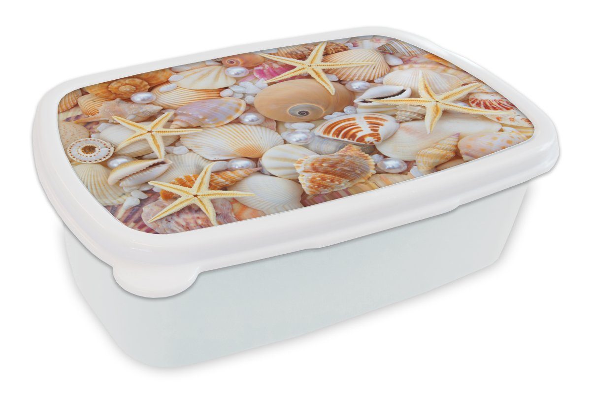 MuchoWow Lunchbox Muscheln - Perlen - Seesterne - Strand, Kunststoff, (2-tlg), Brotbox für Kinder und Erwachsene, Brotdose, für Jungs und Mädchen weiß