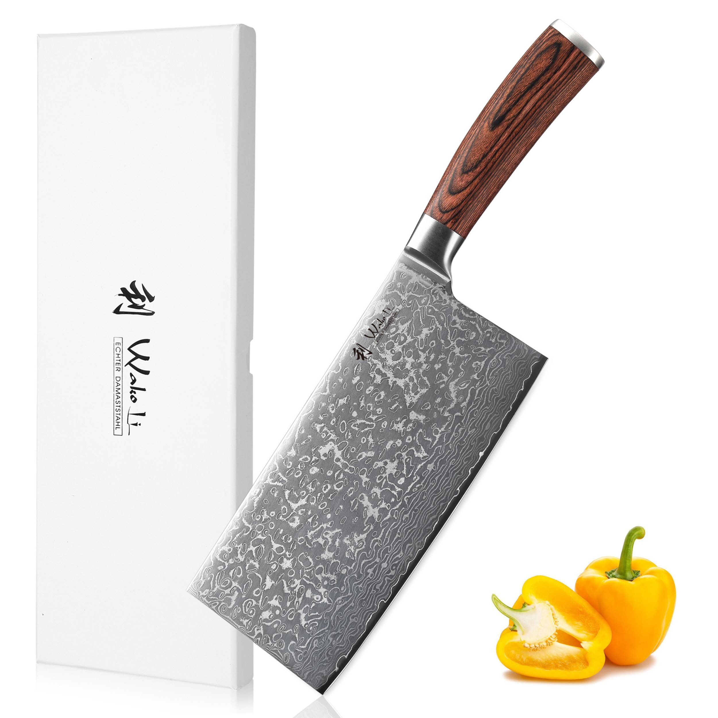 Wakoli Hackmesser EDIB Sakura Damast Hackmesser Küchenmesser 19 cm Klinge, aus 67 Lagen Damaststahl, VG-10 Kern