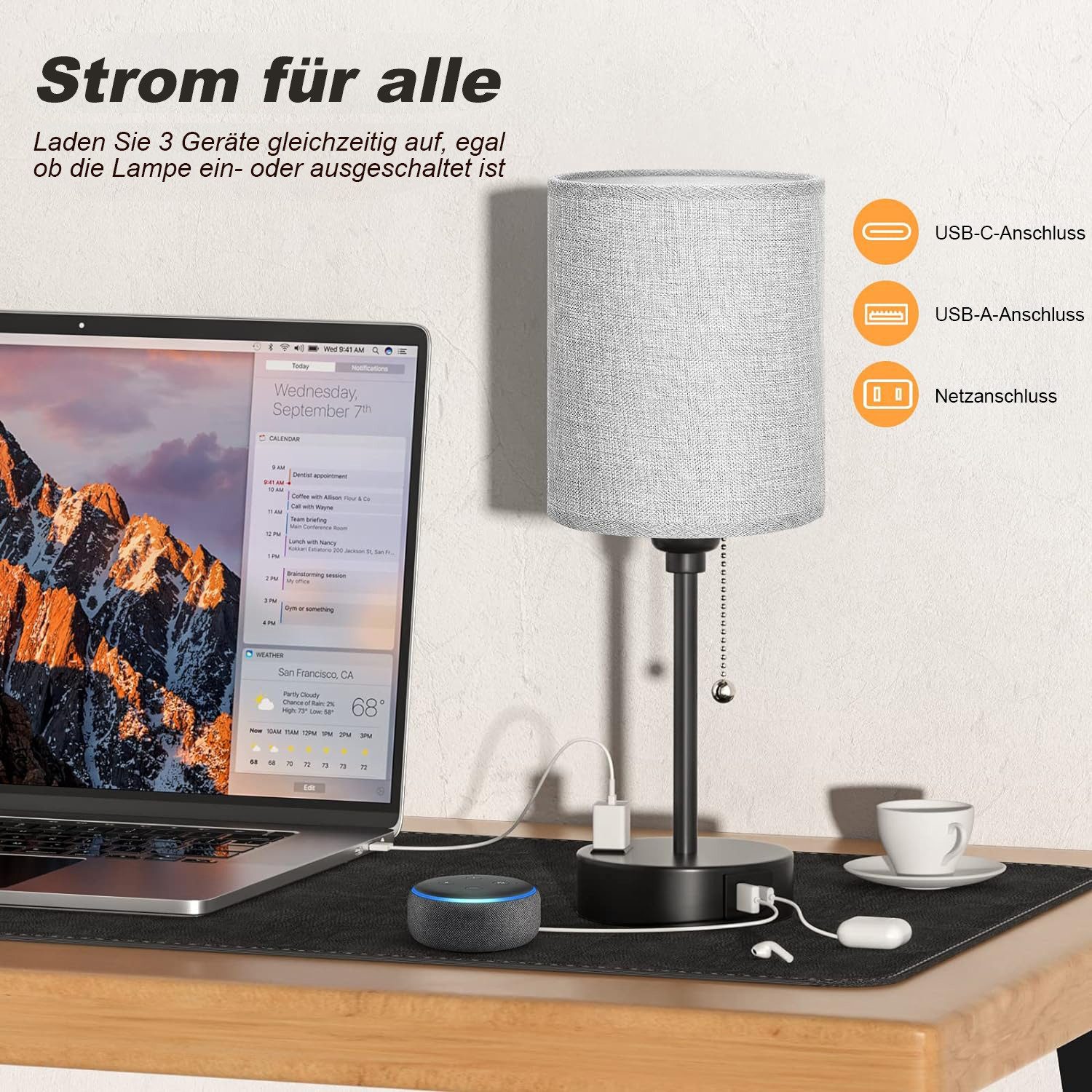 Lapalife Nachttischlampe 3 Farbtemperaturen Tischlampe mit USB A und C, Reißverschlussschalter, Mit LED Birne Kleine Lampen für Nachttisch Wohnzimmer Schlafzimm – Bild 5 von 5