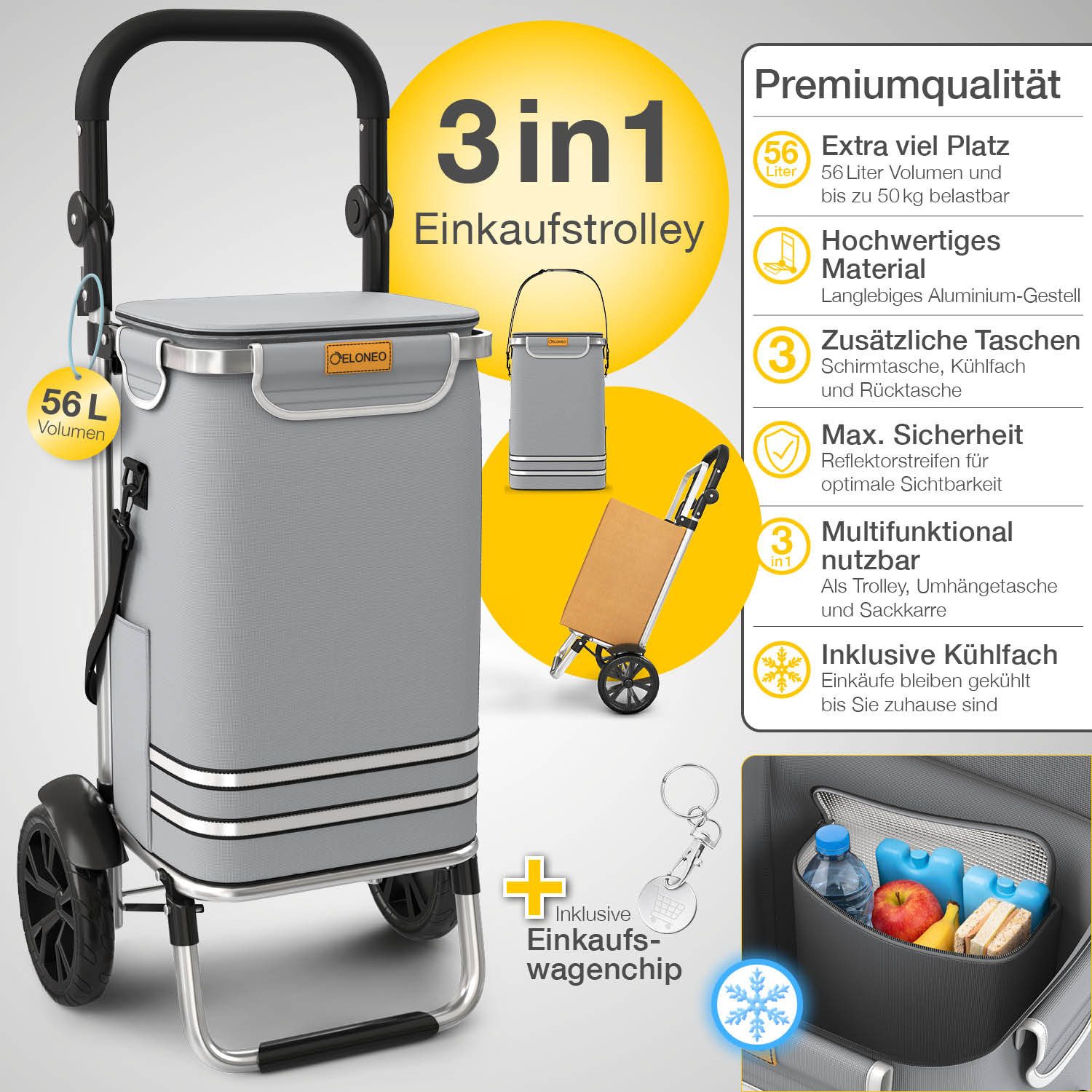 ELONEO Einkaufstrolley ELONEO Einkaufstrolley, 3in1, klappbar, Mit HängFix zum Anhängen an den Einkaufswagen